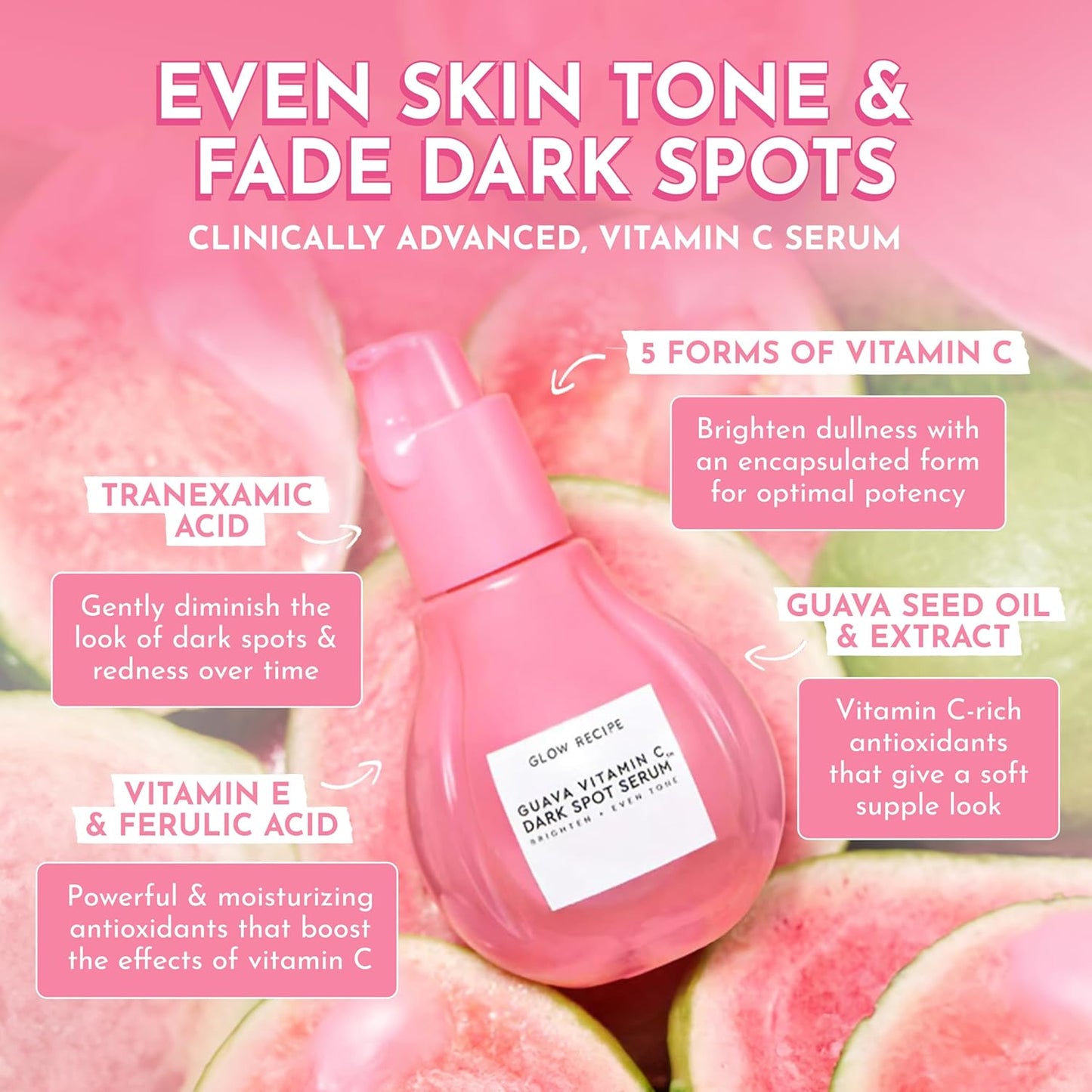 Glow Recipe Guava Vitamin C Serum for Sensitive Skin - Moisturizing, Brightening & Vegan Korean Skin Care Face Serum for Dark Spots, Even Tone & Redness - Tranexamic, Ferulic Acid & Vitamin E (30ml)