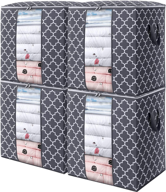 WISELIFE Storage Bags 4 Pack/100L Large Blanket Clothes Organization and Storage Containers for Comforters,Bedding, Foldable Organizer with Reinforced Handle, Clear Window, Sturdy Zippers,Gray