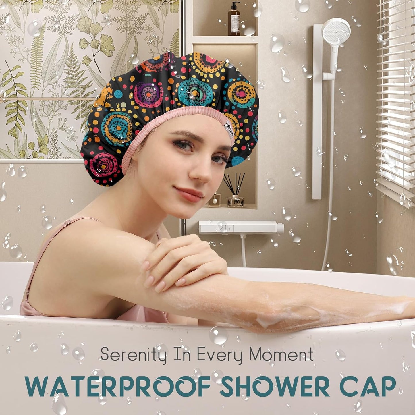 Years calm Luxury Shower Caps for Women Reusable Waterproof – Polka Dot Double Layer Bath Cap with Adjustable Elastic for Braids & Long Hair, Comfortable & Stylish, Versatile Use (Black)