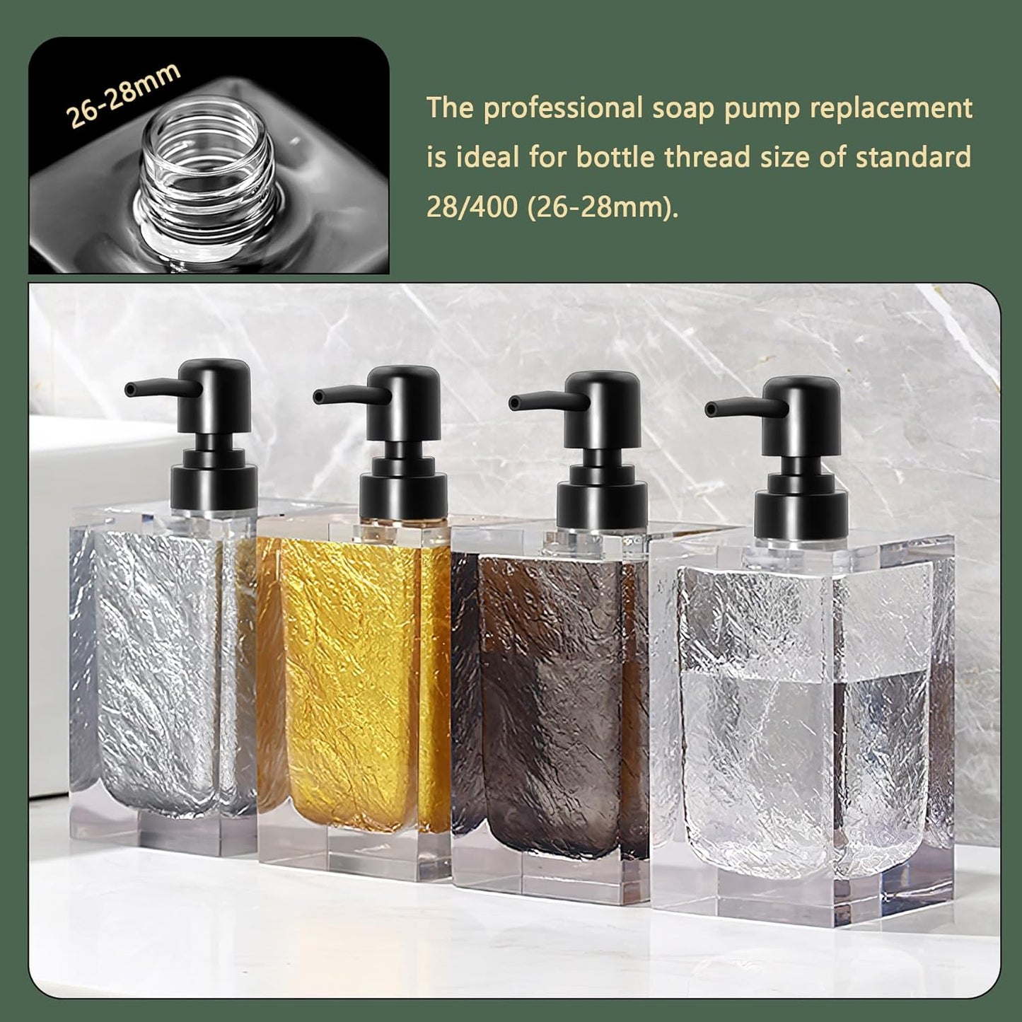6Pcs Soap Dispenser Pump Head Replacement Set,Reusable Hand Soap Dispenser Top for Bathroom,Kithen Worktop Bottles, Standard Diameter 28/400 Neck Size (6, Black)