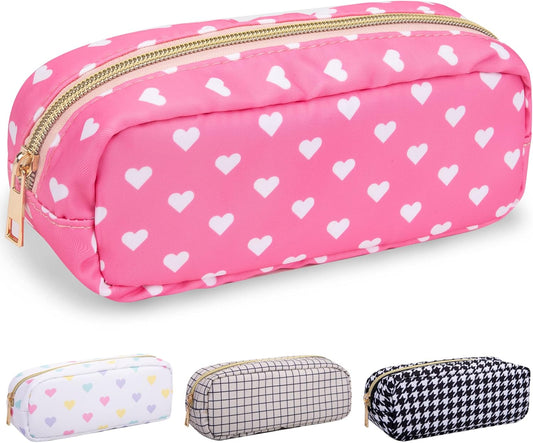 Nylon Slim Makeup Bag, Pink Heart Makeup Brush Case, Preppy Cosmetic Zipper Pouch for Purse, Travel Toiletry Bag Clutch Coin Pouch Makeup Organizer for Women Girls