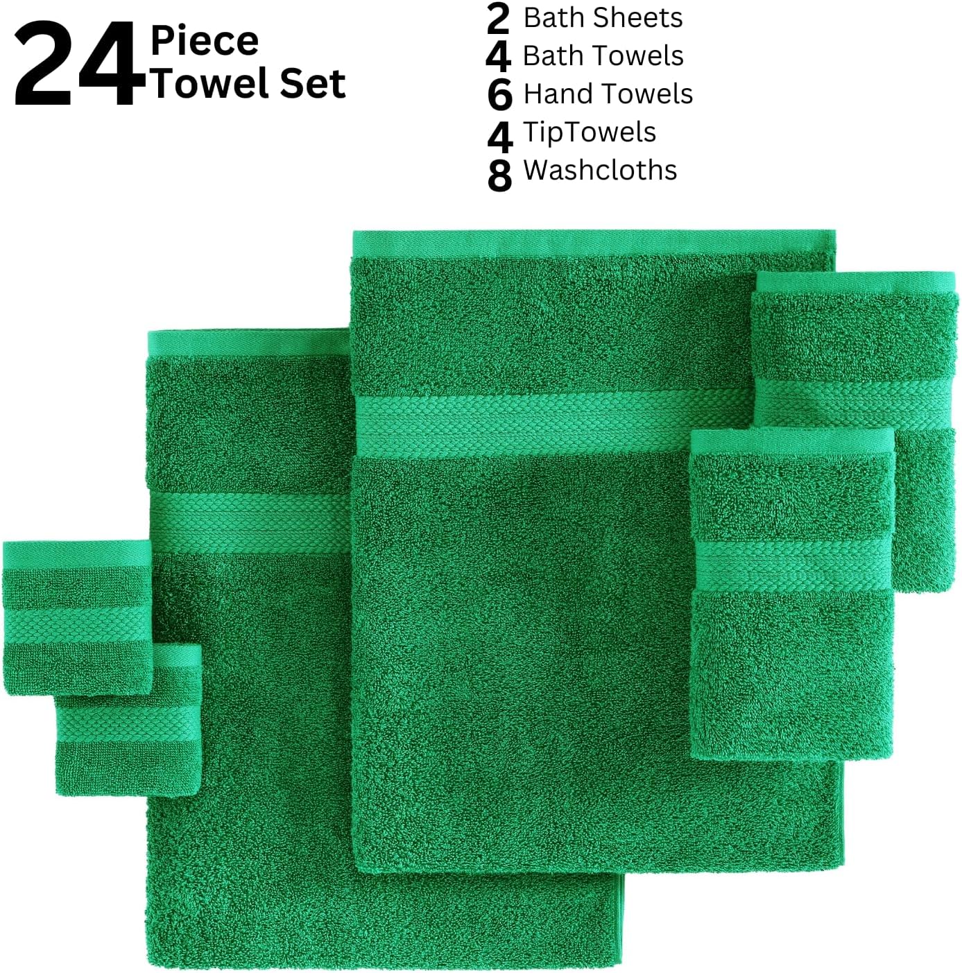 Lane Linen 100% Mercerized Cotton Bathroom Towel Set - 24 Pcs - RingSpun, Quick Dry, Ultra Soft & Absorbent - 2 Bath Sheets, 4 Fingertip, 4 Bath, 6 Hand Towels, 8 Washcloths - Fade Resistant - Emerald