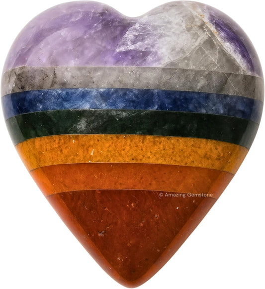 Amazing Gemstone Chakra Crystal Heart Palm Stone - Pocket Massage Worry Stone for Natural Body Chakra Balancing, Reiki Healing and Crystal Grid