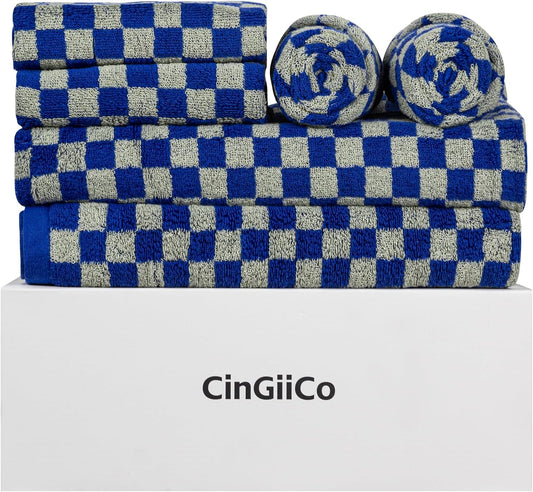 Checkered Bath Towels Set of 6 Large, 520GSM, 100% Cotton Shower Towels * 2 (55.12"*27.56"), Hand Towels * 4 (29.52"*13.77"),Towels for Bathroom、Pool、Hotel, Spa, Soft Absorbent（Midnight Blue