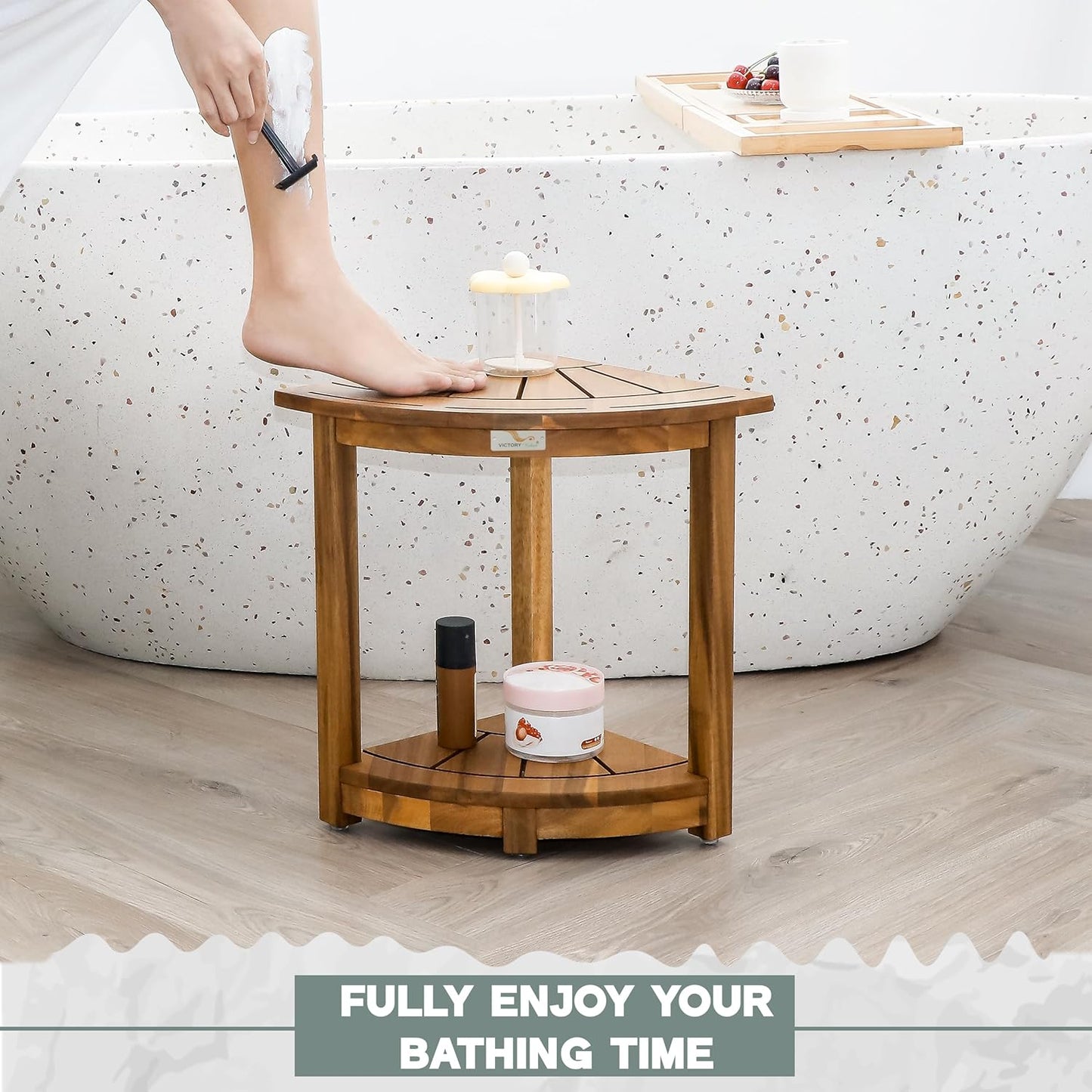 Acacia Corner Shower Stool, Waterproof Spa Foot Rest & Bath Bench with Storage Shelf & Soap Dish, Ideal for Bathroom, Shaving Legs, or as Small Corner Table/Step Stool (Natural)