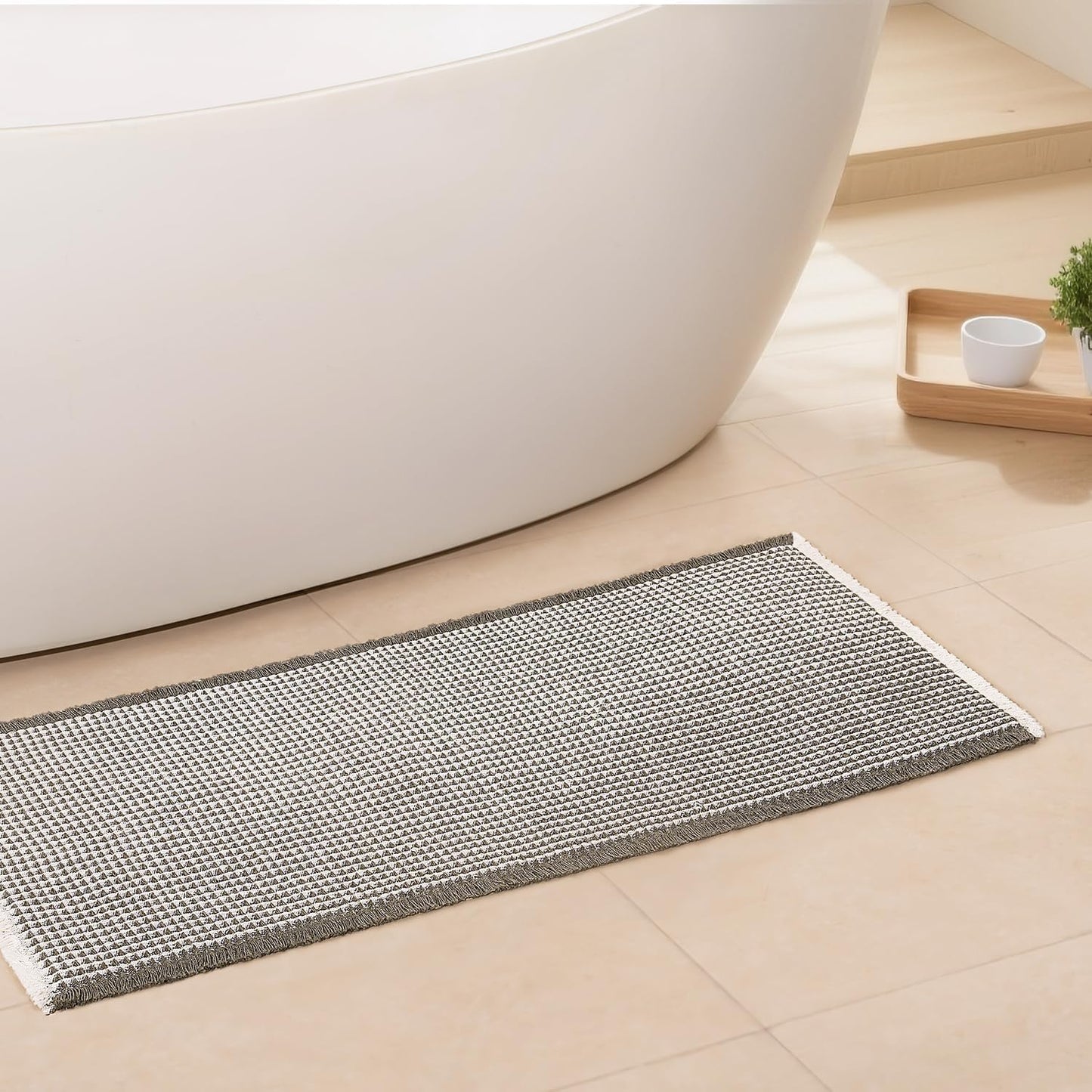 Waffle Runner Bath Mat - Long Boho Bathroom Rugs Non Slip Washable, Super Absorbent & Quick Dry, Soft Bath Mat Farmhouse Bathroom Decor, 24'' x 72'', Olive Green and White
