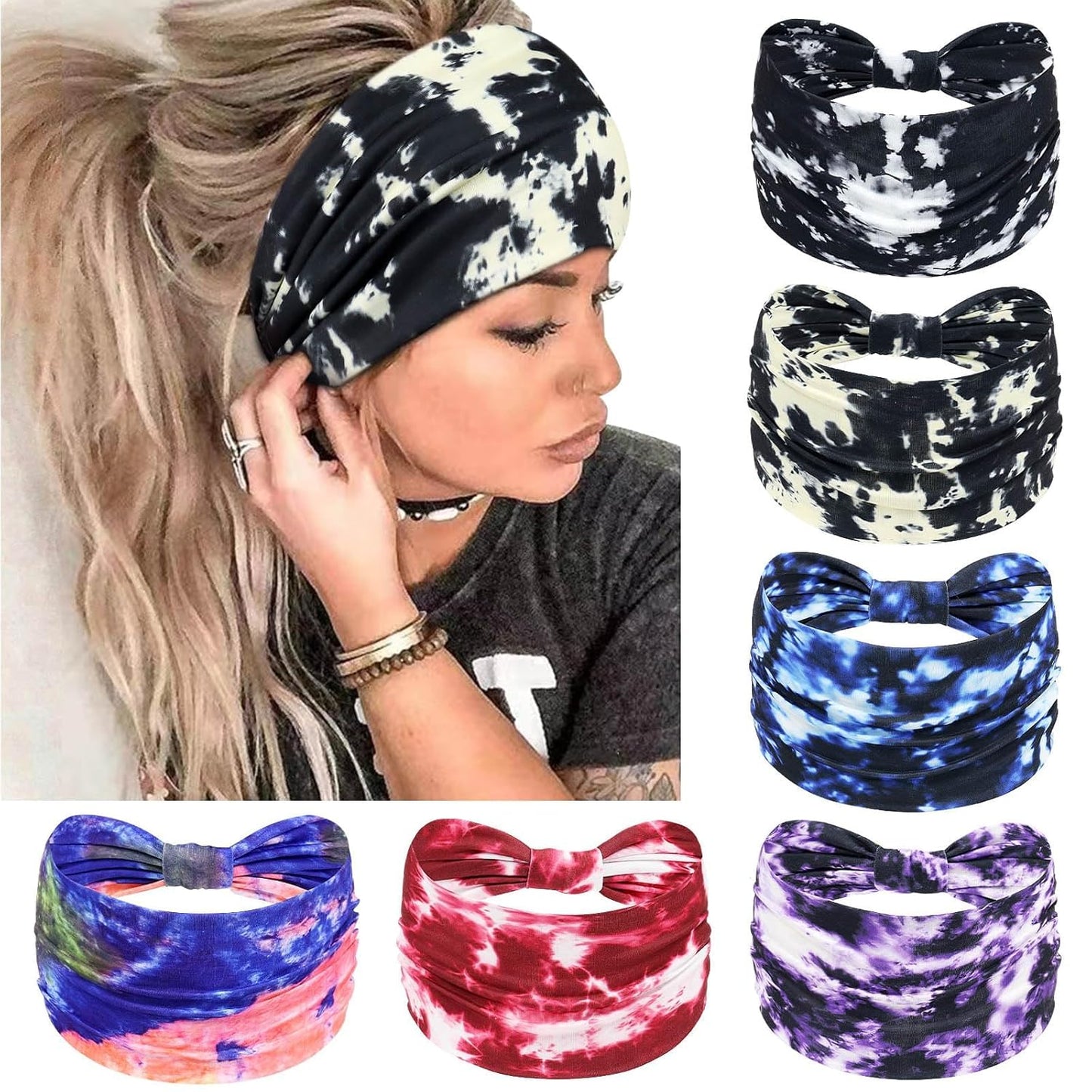Wide Headbands for Women Knotted No Slip Head Bands Soft Turban Headband Hair Accessories Boho African Solid Color Head Wraps for Women Yoga Workout Pack of 6