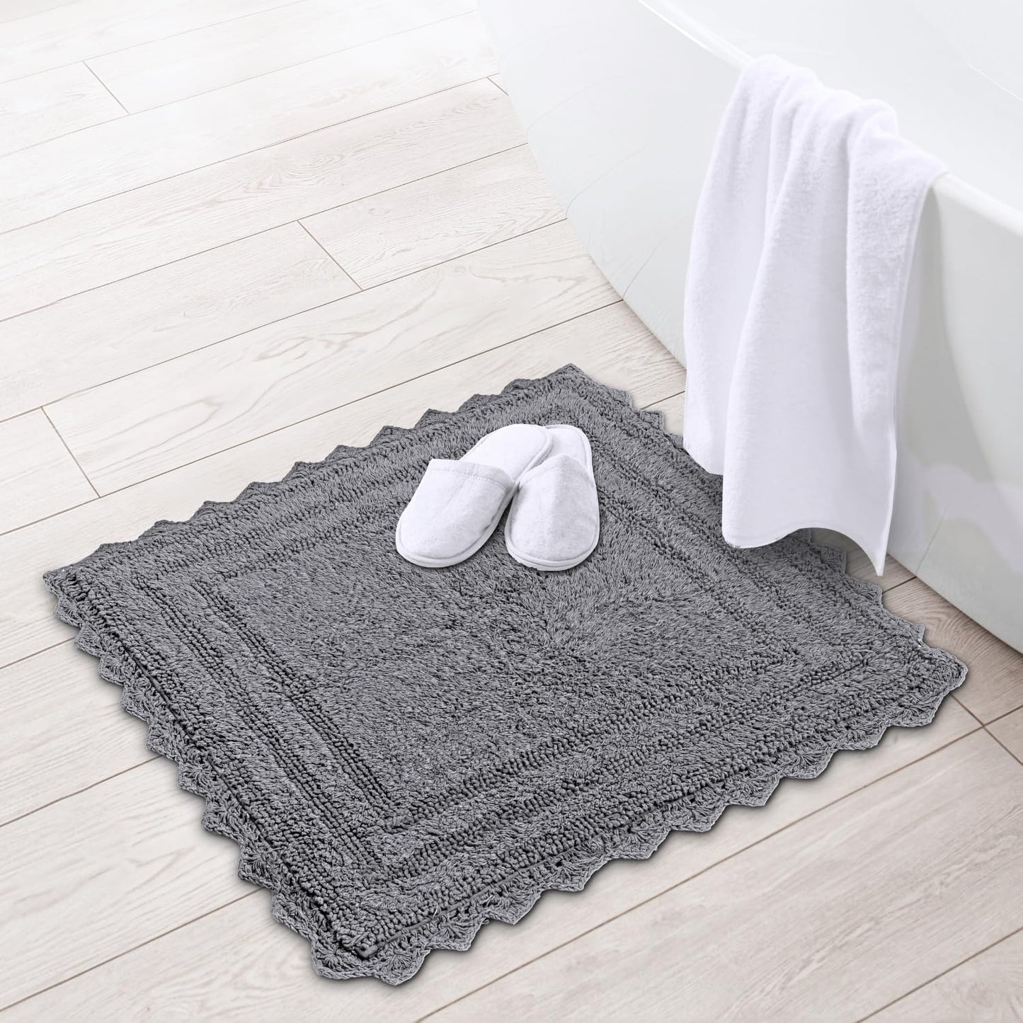 RAJRANG Titanium Grey Square Cotton Bath Mat – 24 Inch Crochet Pattern Bathroom Rug, Absorbent and Reversible Soft Mat for Daily Use in Vanity, Spa, Kitchen, or Entryway Decor