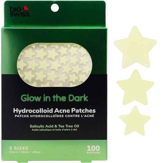 BioSwiss Pimple Patches, Glow in the Dark Patch for Zits and Blemishes, Hydrocolloid Spot Stickers for Face and Skin, 100 Count
