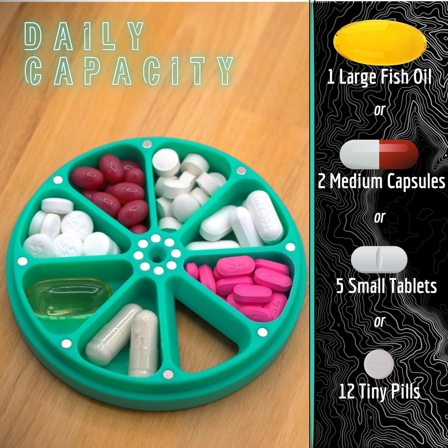 Travel RX Pill Case by Type Two Labs – Weekly 7 Day Pill Box, Compact Magnetic Organizer for Pills fits Purses or Pockets, Rugged Daily Caddy Holds Vitamins, Supplements and Medication. (Vibrant Teal)