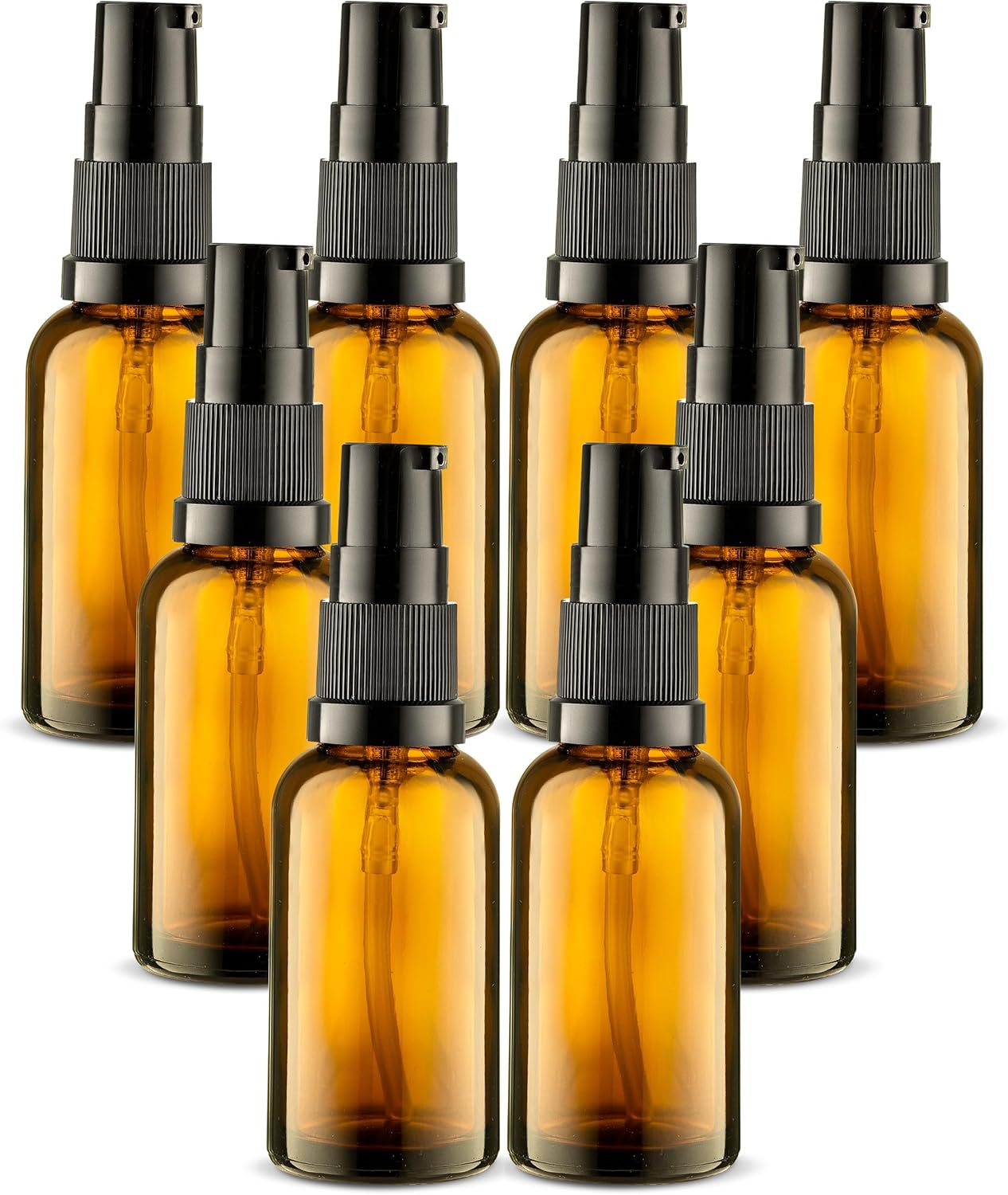 8 Pack Empty Refillable Glass Amber Pump Bottle Ideal for Lotion Cream Essential Oil Travel Small Container, 30ml