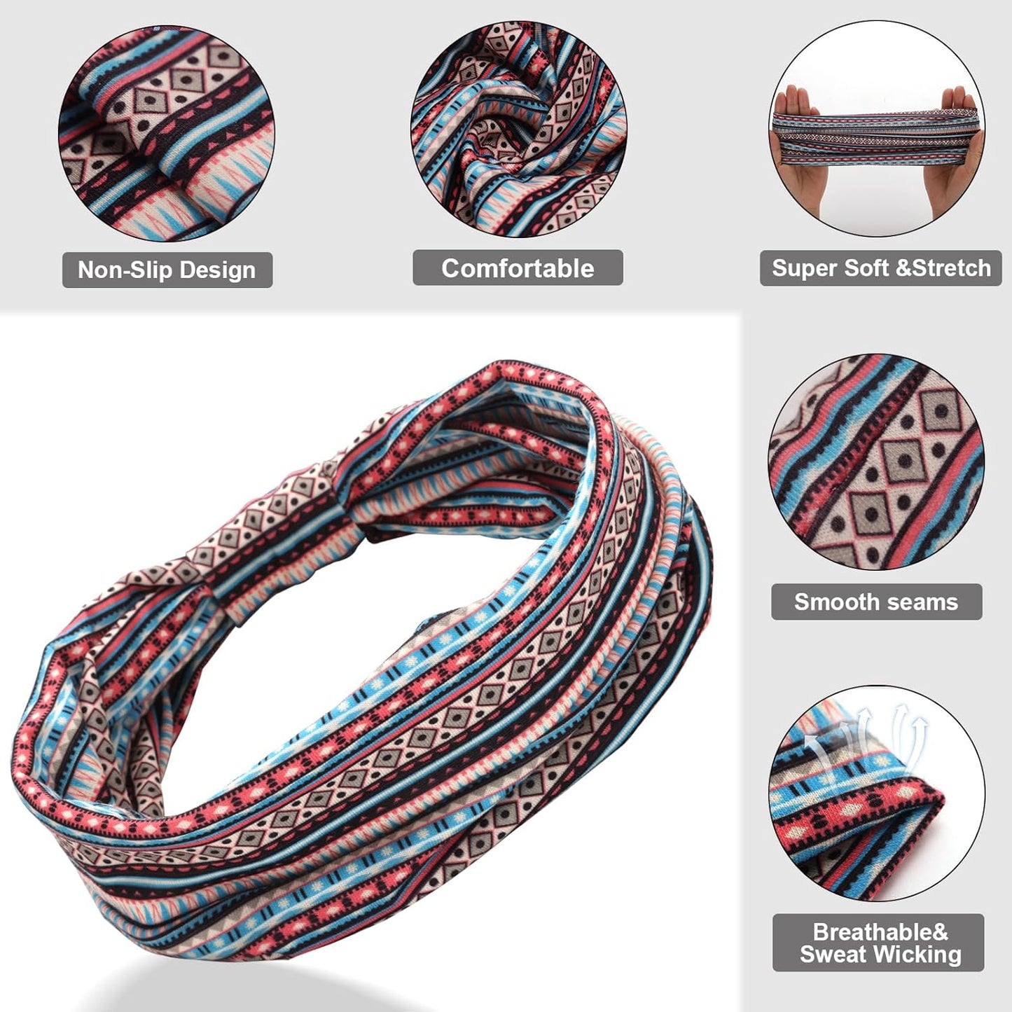 Cobahom 6 Pcs Wide Headbands for Women Non Slip Soft Fabric Hair Wrap Boho Head Bands Elastic Sport Hair Bands for Workout Yoga Running (Boho Stripe)
