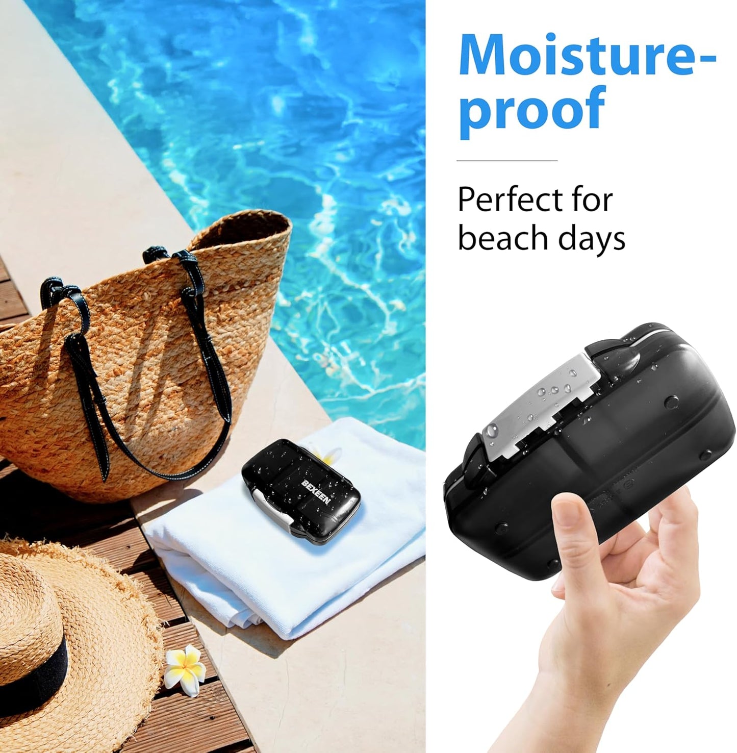 Travel Pill Organizer - Moisture Proof Portable Vitamin Holder with 7 Compartments, Compact Supplement Case for Purse Essential Medicine Kit fot Traveling Pocket Pharmacy with Labels, Black