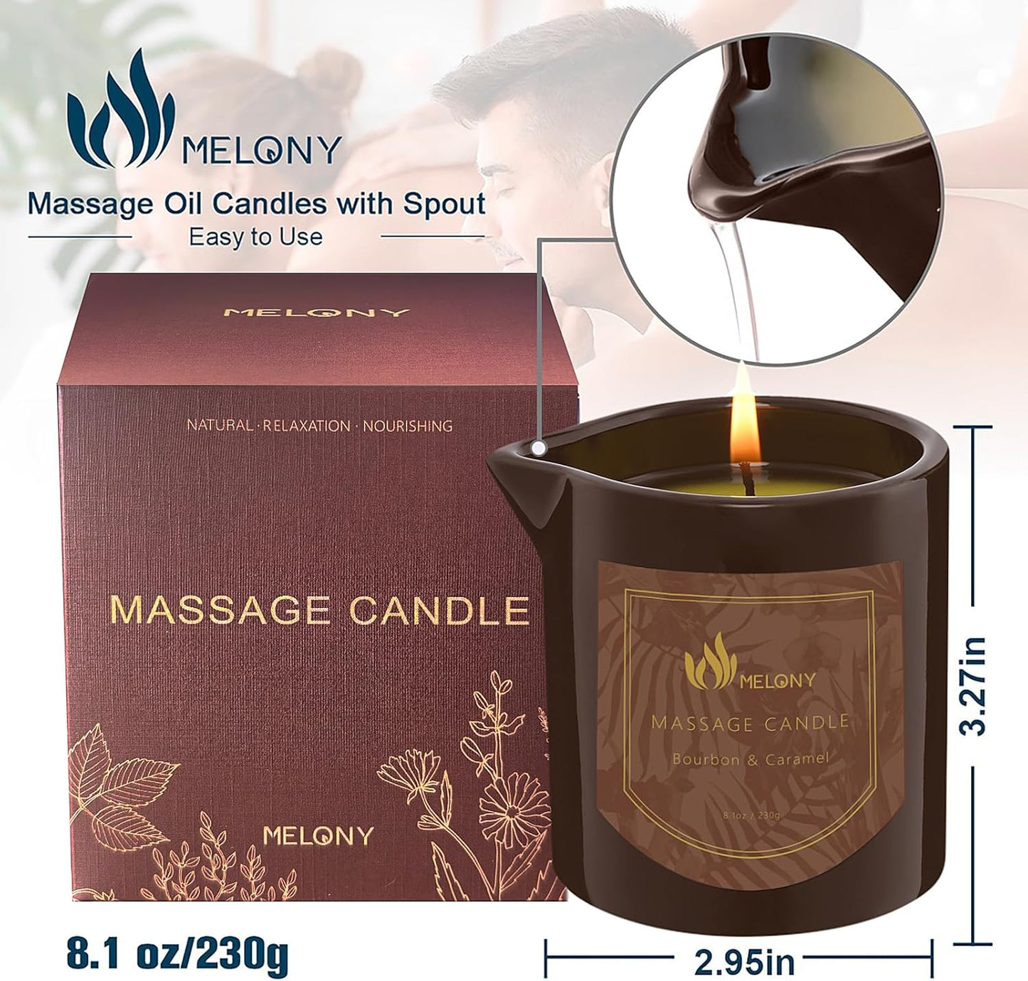 MELONY Massage Oil Candle for Pure Relaxation - 8.1 oz - Moisturizing Essential Oil Body Massage Candle for Home Spa- Amazing Gift for Women & Men (Bourbon & Caramel)