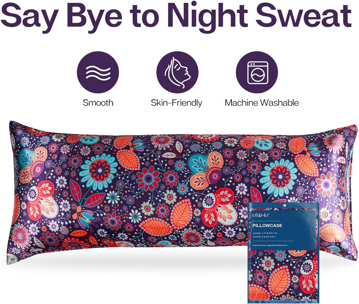 MR&HM Satin Body Pillow Cover, Soft and Breathable Body Pillow Case with Envelope Closure, Cooling and Silky Long Pillowcase for Hair and Skin,Grey (20x54, Sunflower)