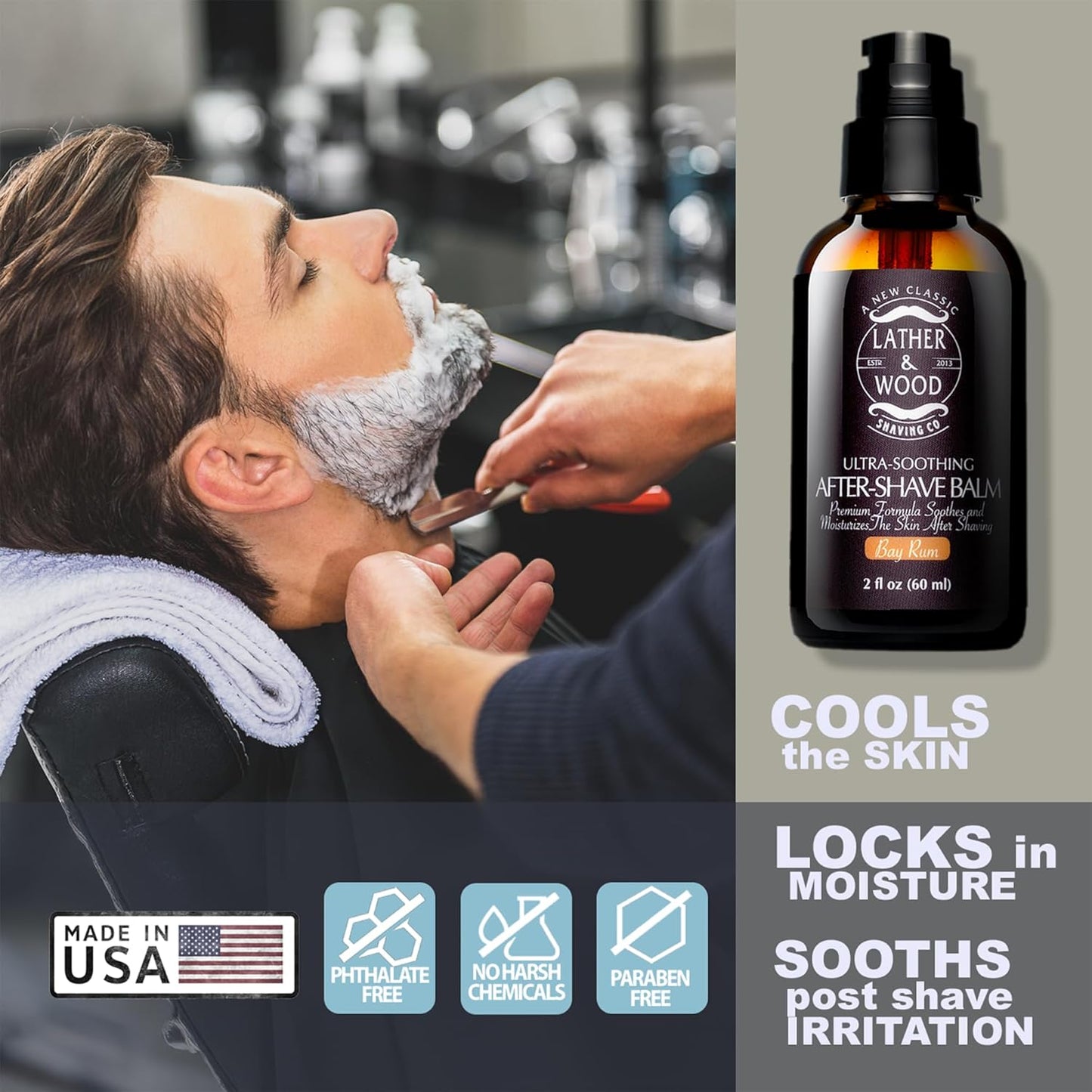 Lather & Wood Aftershave Balm - Aftershave Lotion for Men with a Classic Bay Rum Scent