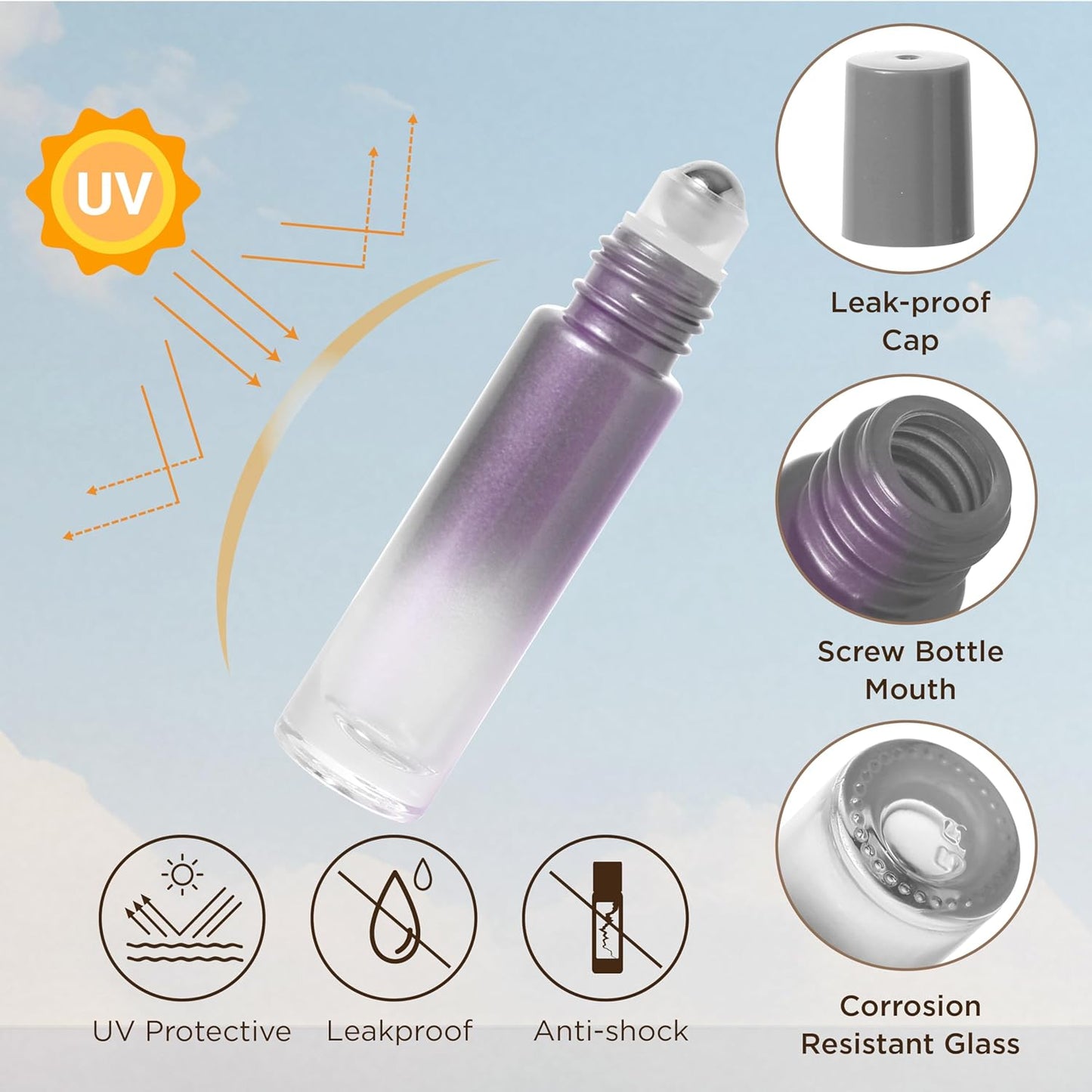 Essential Oil Roller Bottles, 10ml Thick Glass Perfume Roller Bottles with Funnel Opener and Dropper Colored Glass Empty Bottles with Stainless Steel Roller Balls (Grey, 4 Pack)