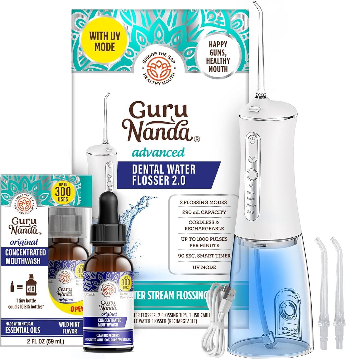 GuruNanda Advanced Water Flosser 2.0 with UV Mode & Concentrated Mouthwash Duo - Fresh Breath & Thorough Plaque Removal for a Brighter Smile