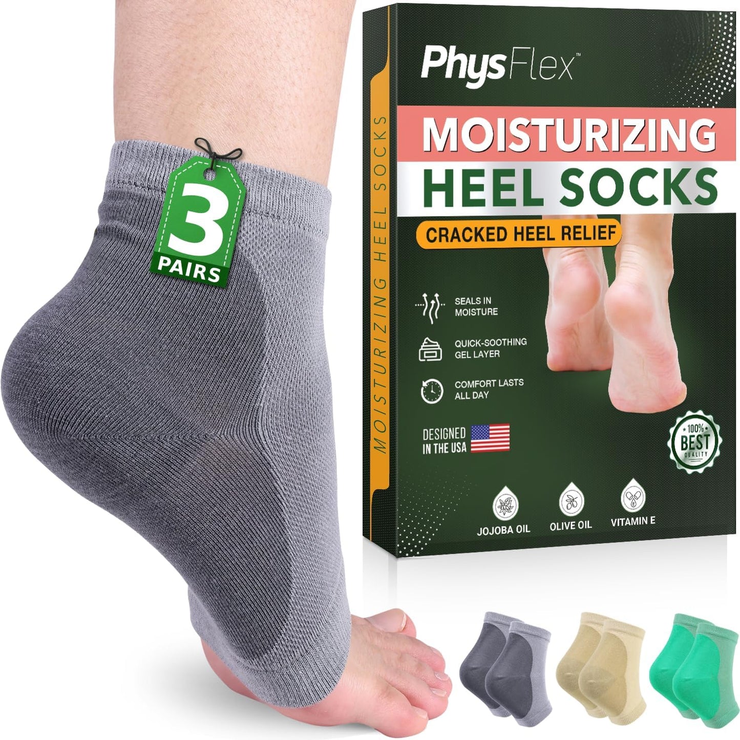 Moisturizing Heel Socks for Cracked Heels - Gel Socks for Dry Cracked Feet Repair - Silicone Socks for Women’s Foot Treatment & Overnight Hydration (Beige/Grey/Mint Green, 3-Pair)
