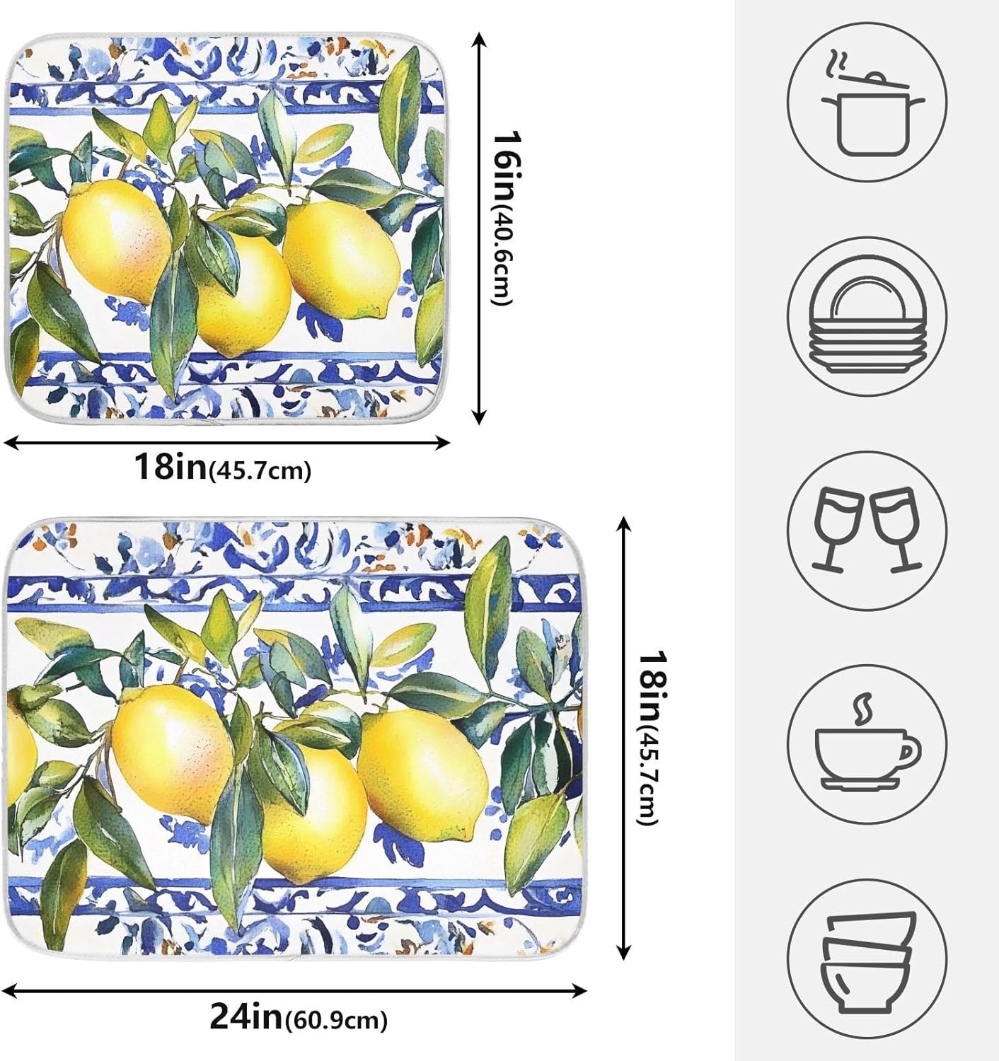 Lemon Olive Tree Italian Tile Dish Drying Mats for Kitchen Counter Absorbent Microfiber Dish Drying Matt 16 x 18 Inch Draining Reusable Rack Pad