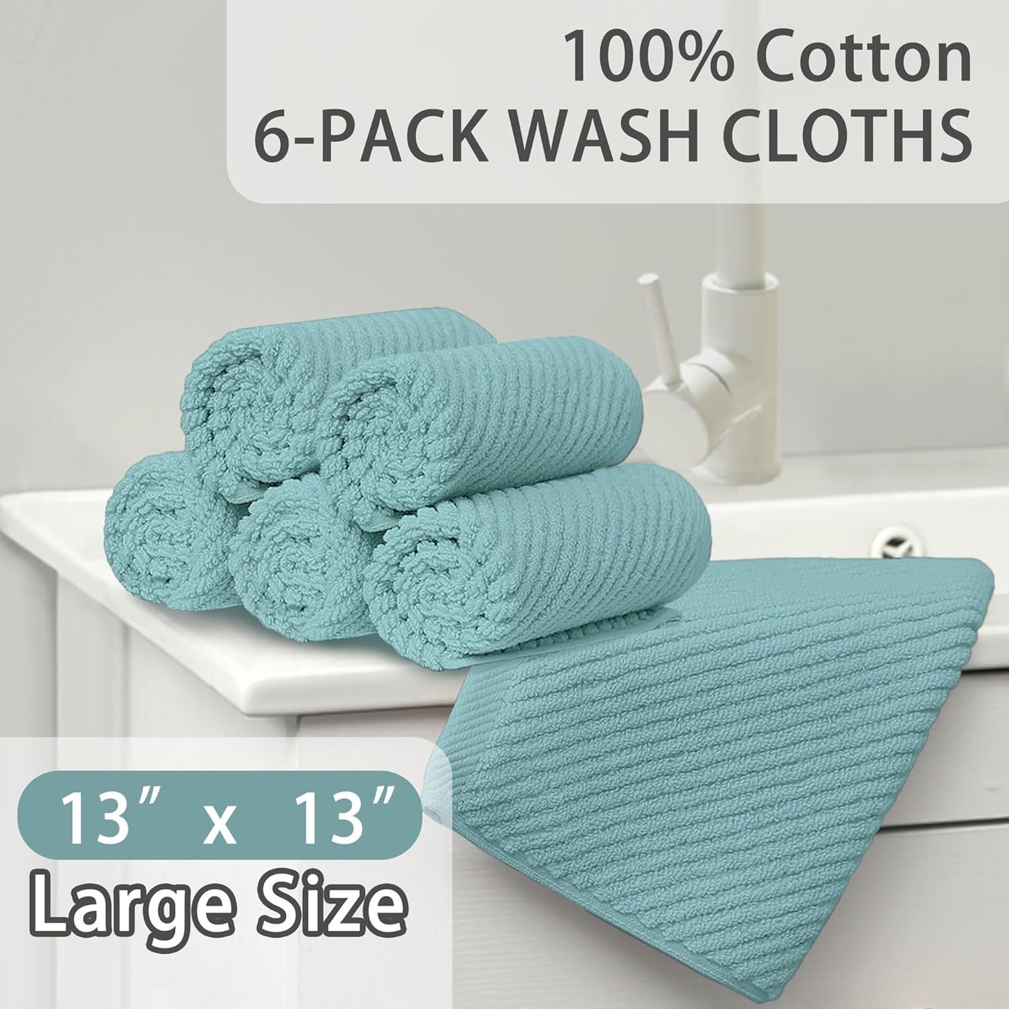 Wash Cloths for Your Face, 6 Pack Large 13"x13" - 100% Cotton | Lightweight | Thick | Quick Dry | Soft | Absorbent, Luxury Facial Towels, Hand Towels for Shower, Bathroom Essentials, Aqua Teal