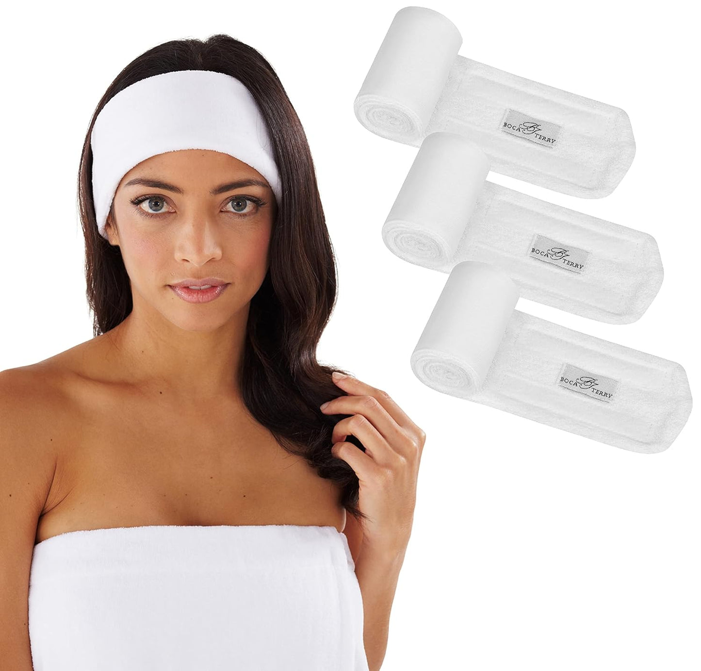 Boca Terry Makeup Headband, 100% Cotton Women's Adjustable Towel Headband for Washing Face, Facial, Cosmetic & Skin Care Treatments. 3-Pack