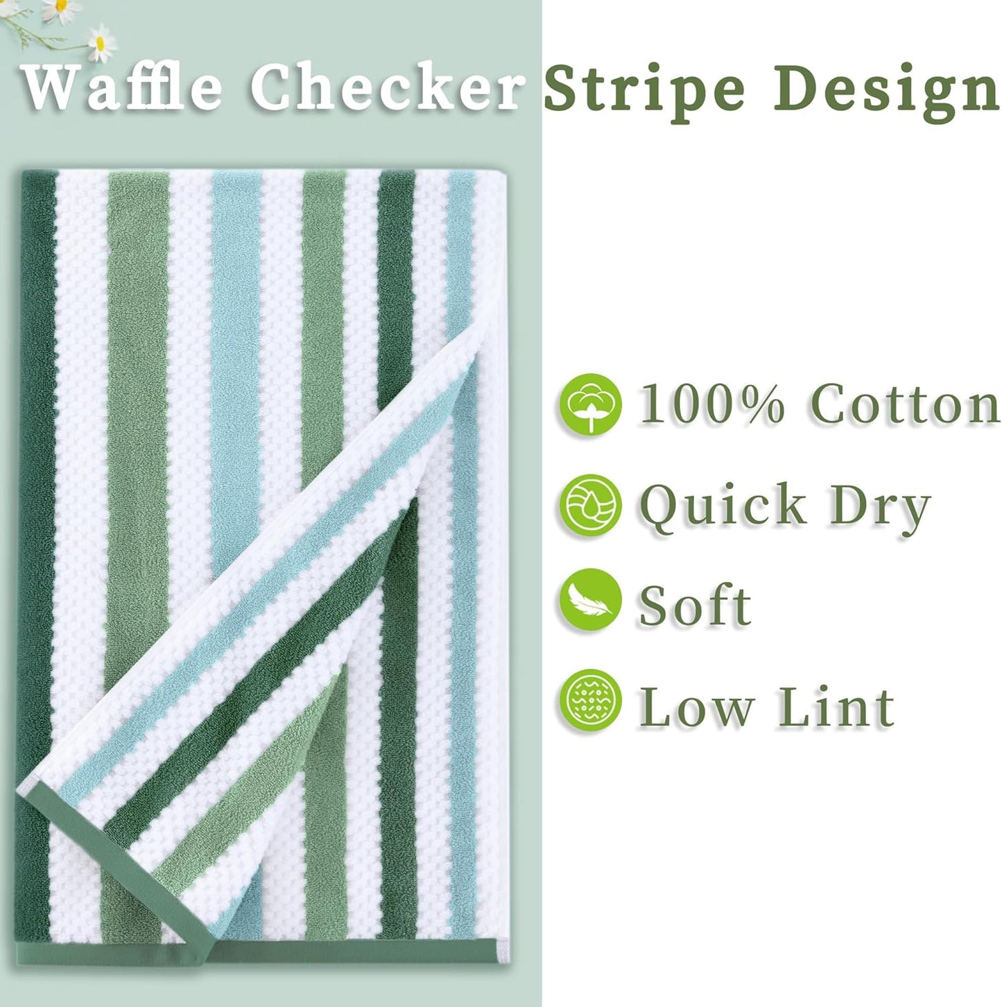 Green and White Towels - 100% Cotton | Quick Dry | Soft | Absorbent, Bath Towels Set of 6, 2 Bath 28"x52", 4 Hand 16"x27", Towels with Hanging Loop, Waffle Towels Set for Bathroom, Stripe + Checkered