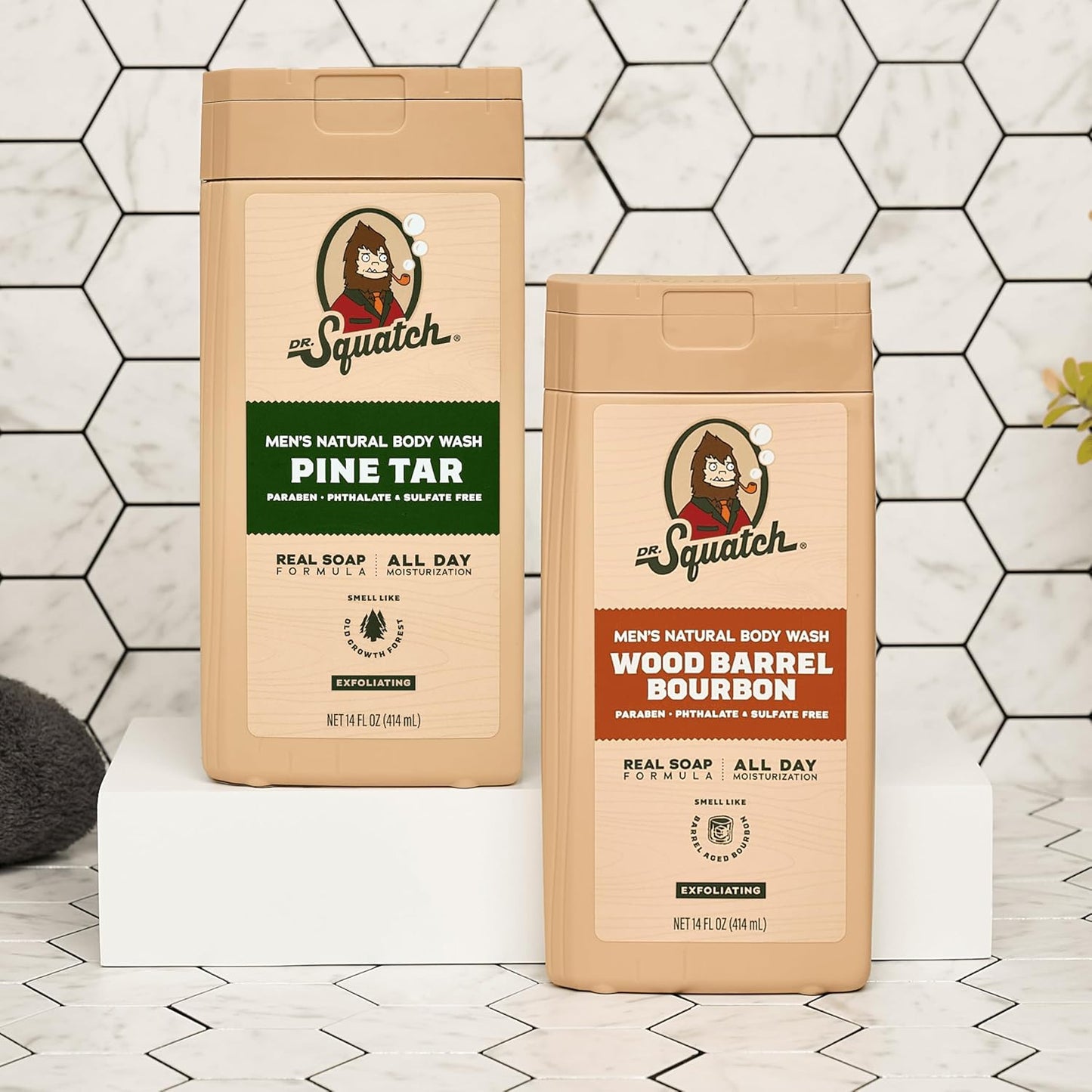 Dr. Squatch NEW Body Wash for Men with Nourishing, Natural Ingredients | No Paraben, Phthalate, Sulfate | All Day Moisture | Long Lasting Scent | Wood Barrel Bourbon & Pine Tar (14 oz, 2-Pack)