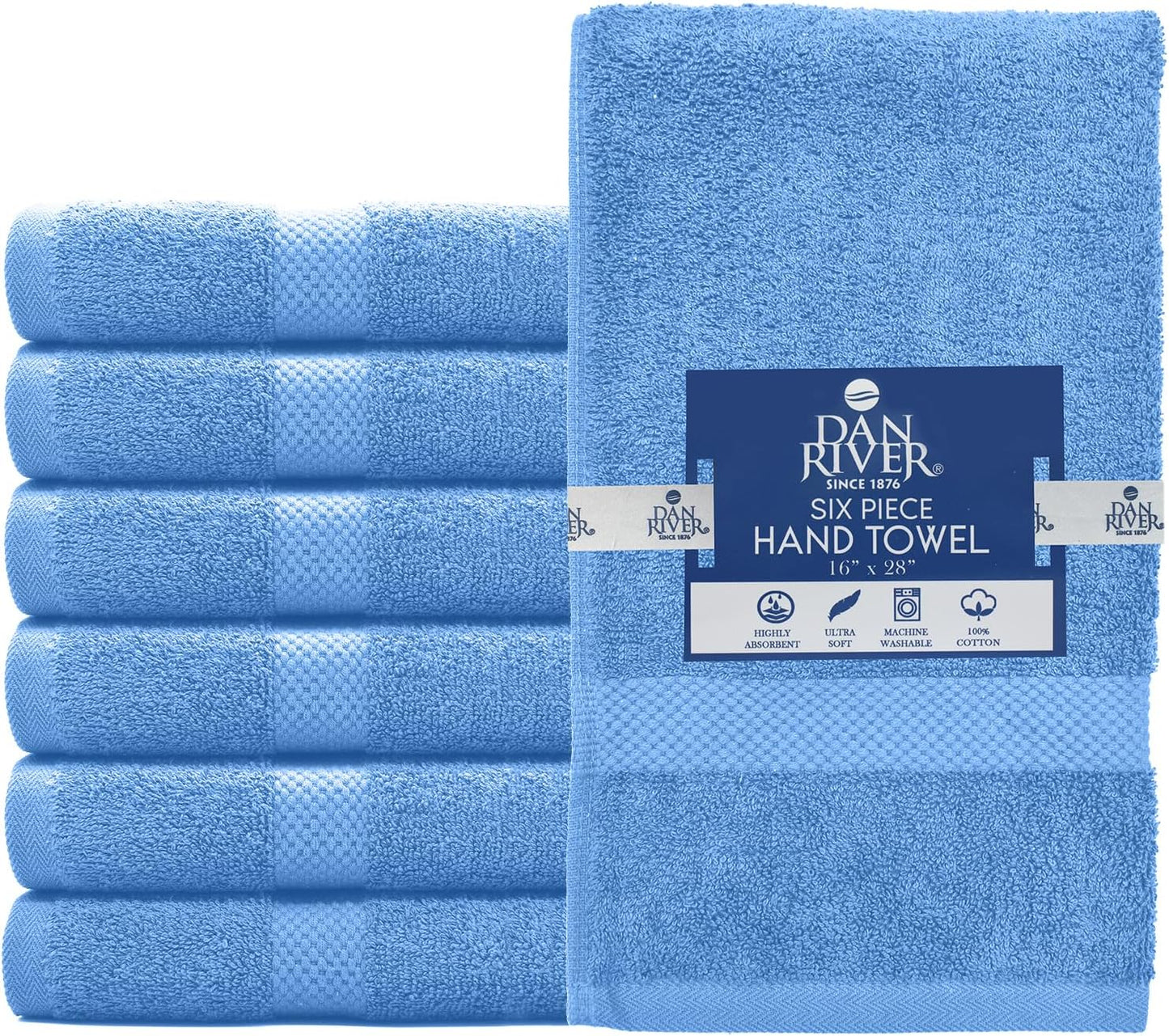 DAN RIVER 6-Pack Premium Hand Towels (16x28 Inches) - 100% Cotton, Ultra Soft, Lightweight, Highly Absorbent Towels for Bathroom, Spa, Gym, Salon, Hotel, and Travel - 550 GSM – M-Blue