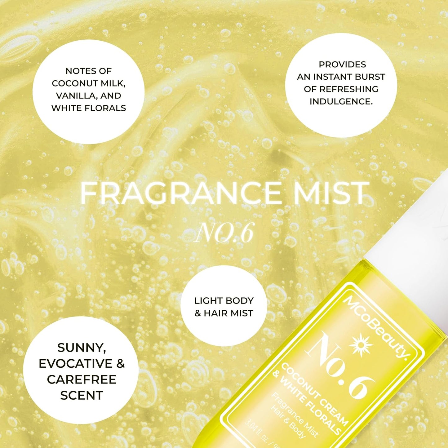 MCoBeauty - Fragrance Mist No. 6 - Light Body and Hair Spray Coconut Cream & White Florals, Tropical Notes for Day or Night - Vegan, Cruelty Free - Gifts for Women, Feminine Spray - 90ml Bottle