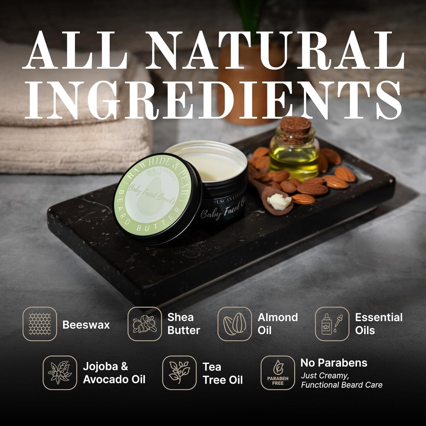 Tuscan Cooper's Baby Faced Beards Butter for Men - Moisturizing Beard Balm Cream and Softener for All Hair Types Including Coarse Hair - 4oz Hydration and Conditioning Care - Lumberjack Scent