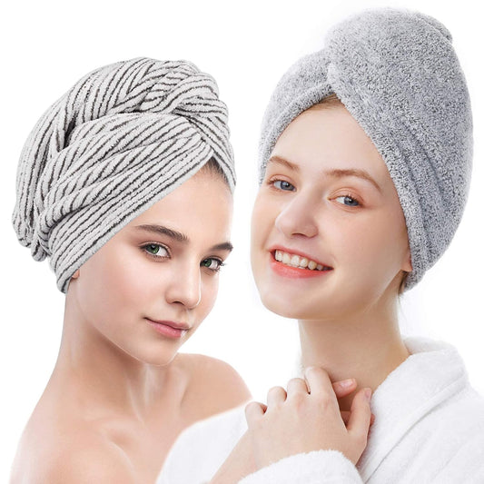 ELLEWIN 2 Pack Drying Hair Towel Wrap, Rayon Polyester Microfiber, Hair Turban Buttons Super Absorbent Quick Dry Rapid Head Hair Towels for Women Curly Long Thick Hair Anti Frizz