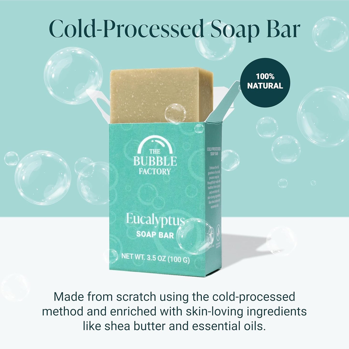 The Bubble Factory Handmade Natural Bath & Body Soap Bar, Vegan, All-Natural, Palm Oil Free, Made in USA with Shea Butter + Essential Oils, Eucalyptus, 3 Bars