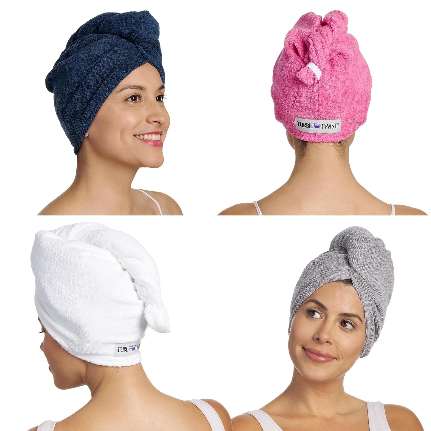 Turbie Twist 4-Pack Microfiber Hair Towel for Beauty, Travel, Gifting - Hair Wrap Turban for Straight, Wavy & Curly Hair - Premium Personal Care - Pink, Blue, Grey & White