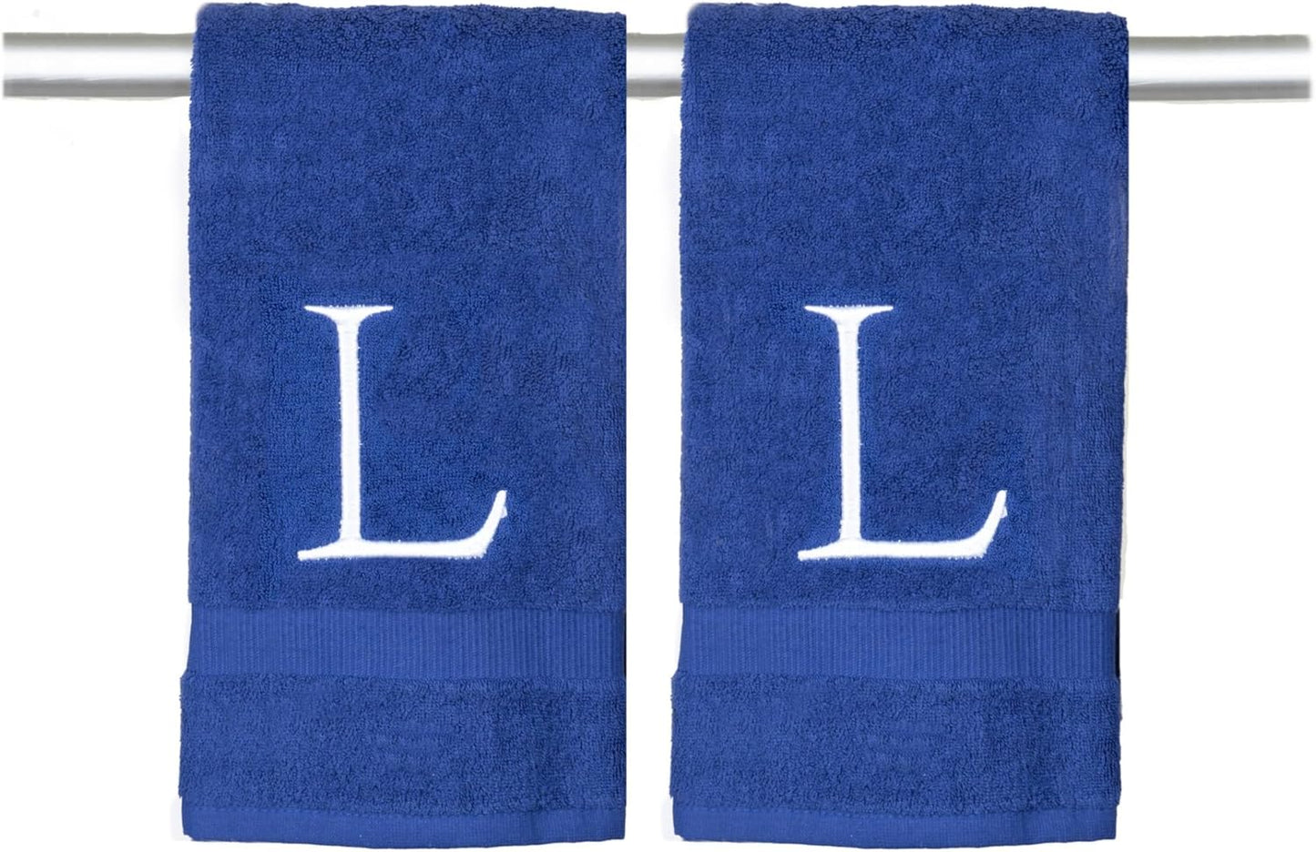 Navy and White Bathroom Hand Towel - Monogrammed Luxury Hotel Quality Decorative Embroidered Towel for Powder Room, Spa - GOTS Organic Certified - Pack of 2, Letter L