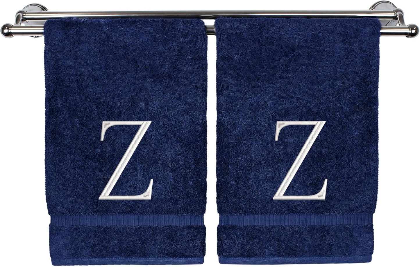 Monogrammed Hand Towel, Personalized Initial Gift, Extra Absorbent 100% Turkish Cotton - Soft Terry Finish - Set of 2 - White Block Initial Z - Embroidered on Navy Blue Towels
