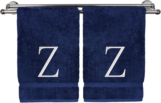 Monogrammed Hand Towel, Personalized Initial Gift, Extra Absorbent 100% Turkish Cotton - Soft Terry Finish - Set of 2 - White Block Initial Z - Embroidered on Navy Blue Towels