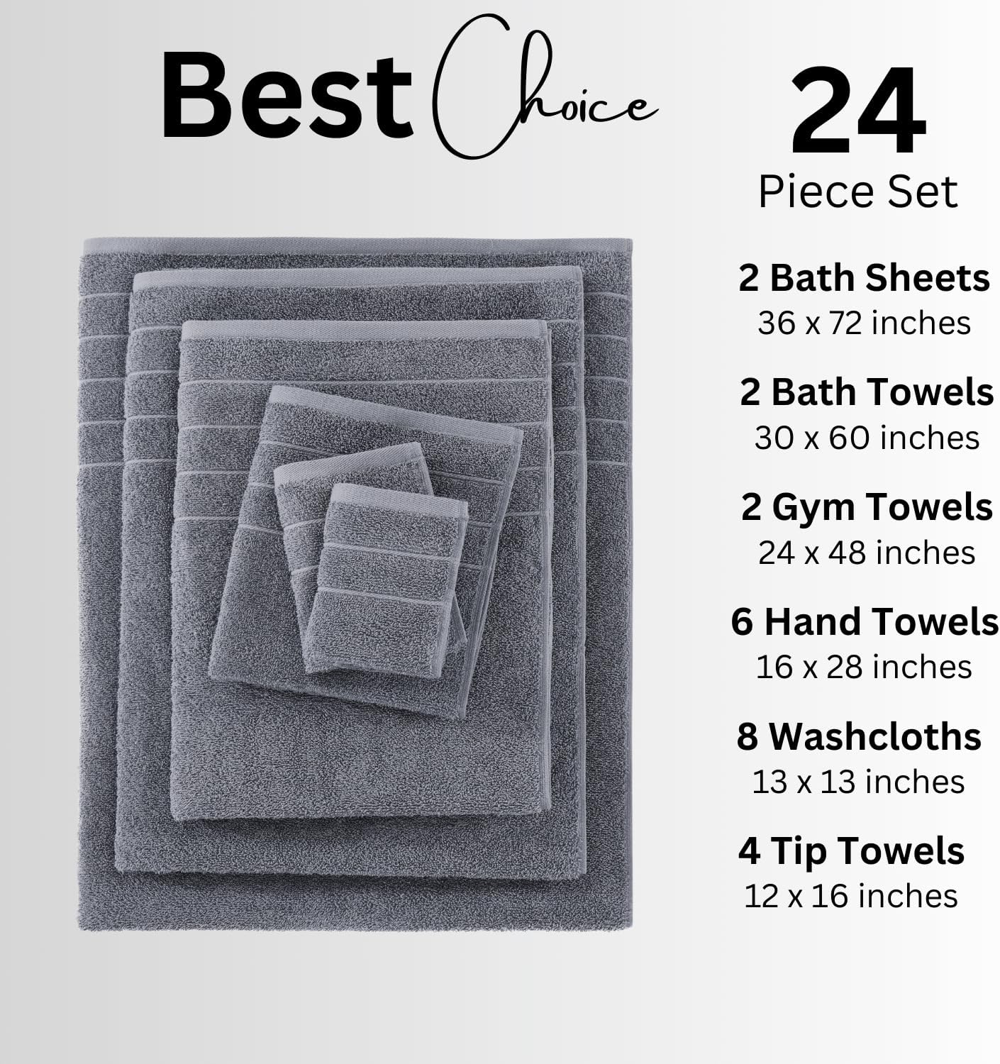 Casa Platino 100% Cotton Bath Towel Set – 24 Pc Set with Ring Spun Terry, Ultra Soft & Absorbent, Everyday Use Towels, Gentle on Skin, Maintains Texture After Wash – Cool Grey
