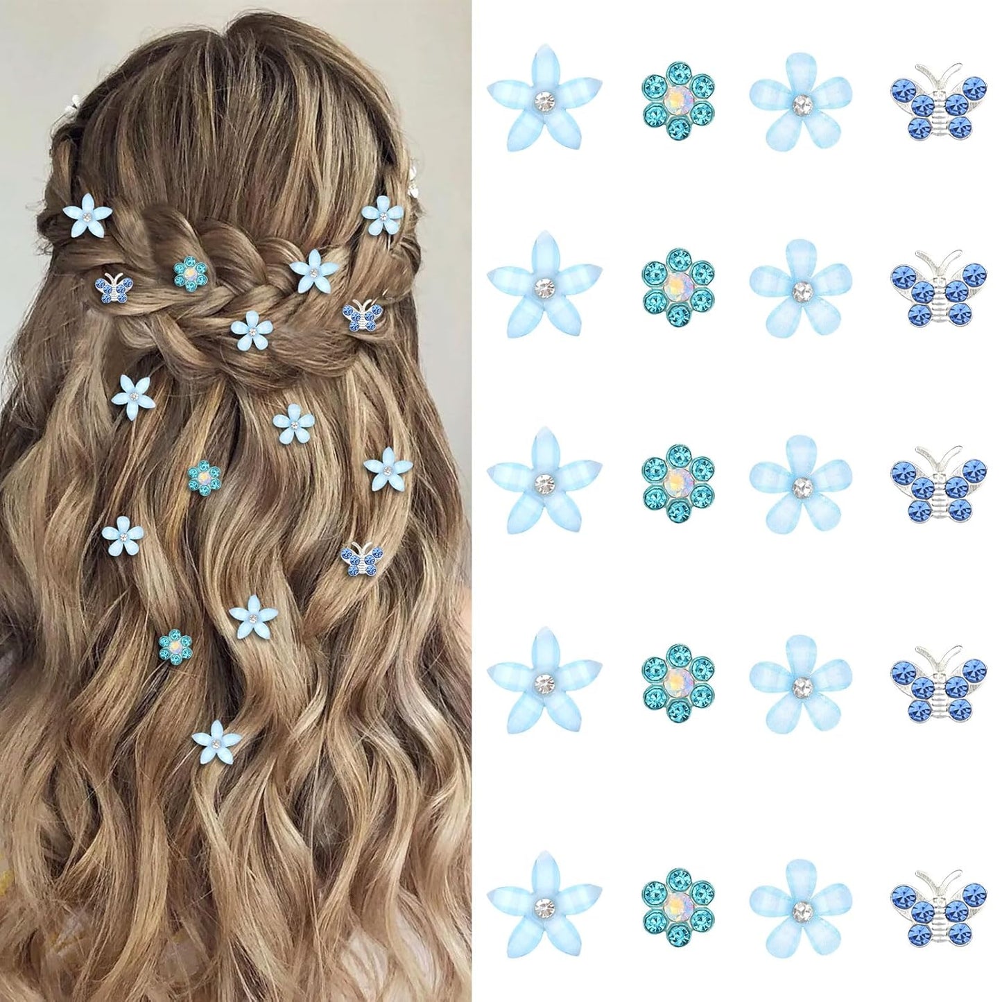YISSION 20 Pcs Mini Flower Hair Clips Rhinestone Butterfly Hair Pins Small Decorative Hair Clips Wedding Hair Barrettes Blue Hair Clips Bridal Flower Girl Hair Accessories for Girls Women