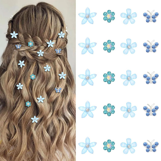 YISSION 20 Pcs Mini Flower Hair Clips Rhinestone Butterfly Hair Pins Small Decorative Hair Clips Wedding Hair Barrettes Blue Hair Clips Bridal Flower Girl Hair Accessories for Girls Women