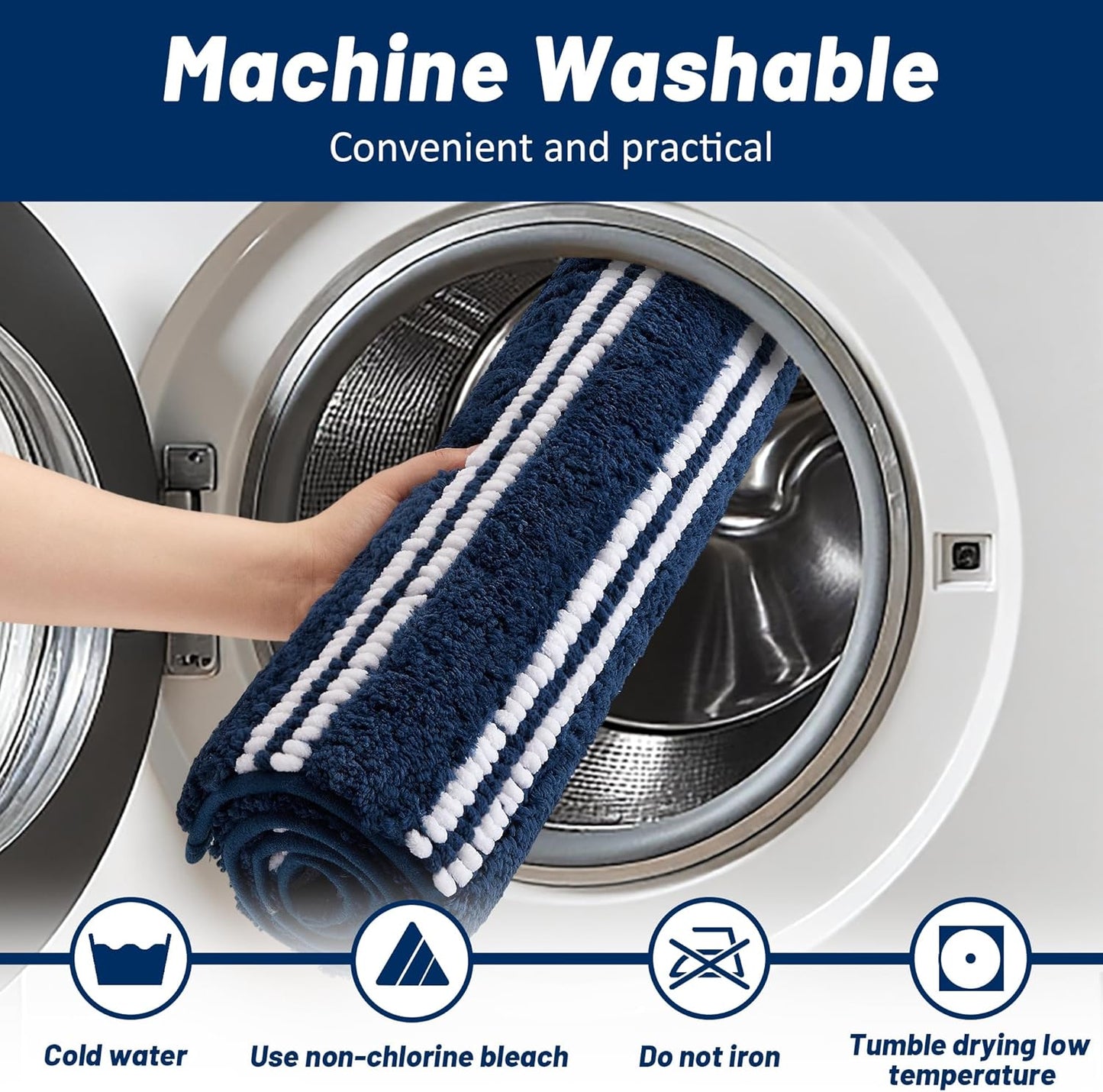 Bathroom Rugs 17x24 Extra Soft Absorbent Bath Mat Chenille Non Slip Shower Mat Rubber Backing Machine Washable Bath Mats for Bathroom Shaggy Blue Bath Rugs for Tub, Hallway