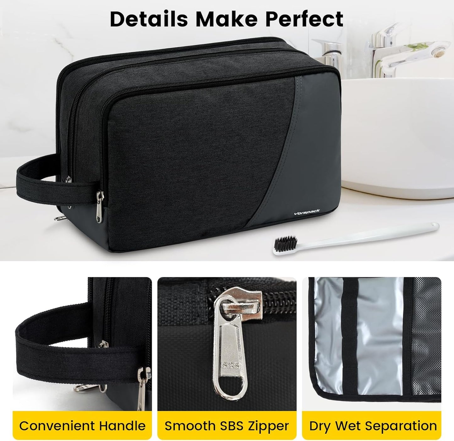Vorspack Large Travel Toiletry Bag - Water Resistant Toiletry Bag for Men for Bathroom Toiletries Accessories Gifts - Black