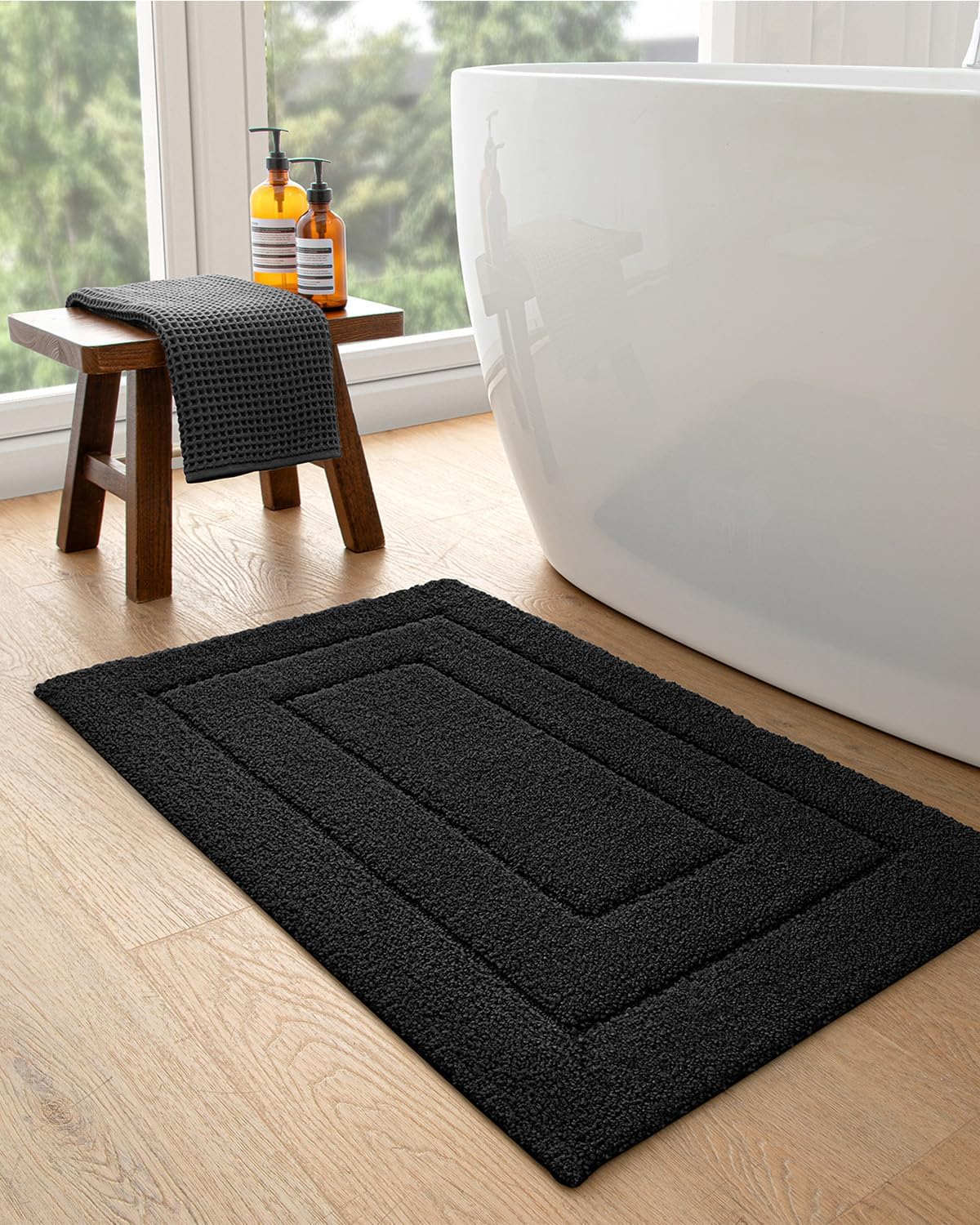 DEXI Bathroom Rug 36x24, Non Slip Washable Bath Mat for Shower Floor, Absorbent Soft Bathmat with Rubber Backing, Quick Dry Microfiber Carpet, Black