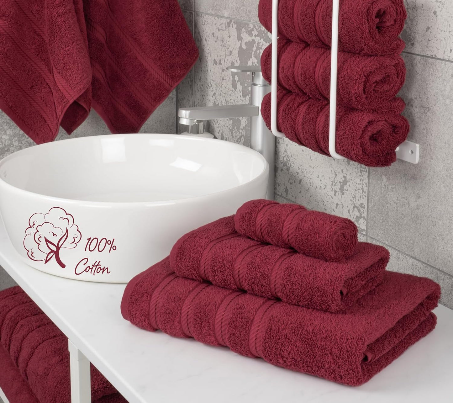 American Soft Linen Premium 3 Piece Towel Set, 1 Bath Towel 1 Hand Towel 1 Washcloth, 600 GSM 100% Cotton Turkish Towels for Bathroom, Bordeaux Red Towel Set