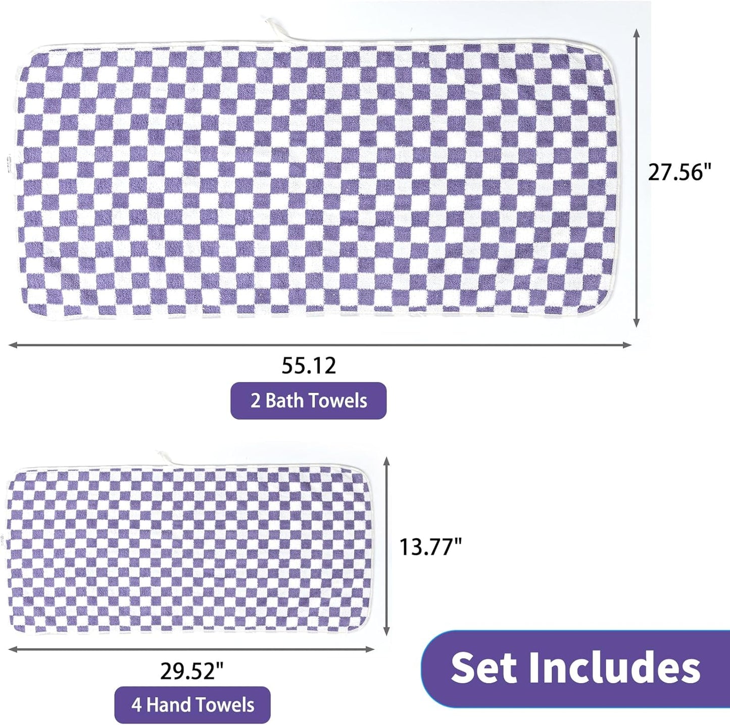 Checkered Bath Towels Set of 6 Large, Microfiber Shower Towels * 2 (55.12"*27.56"), Hand Towels * 4 (29.52"*13.77"),Towels for Bathroom、Pool、Hotel, Spa, Soft Absorbent Quick-Dry（Purple）