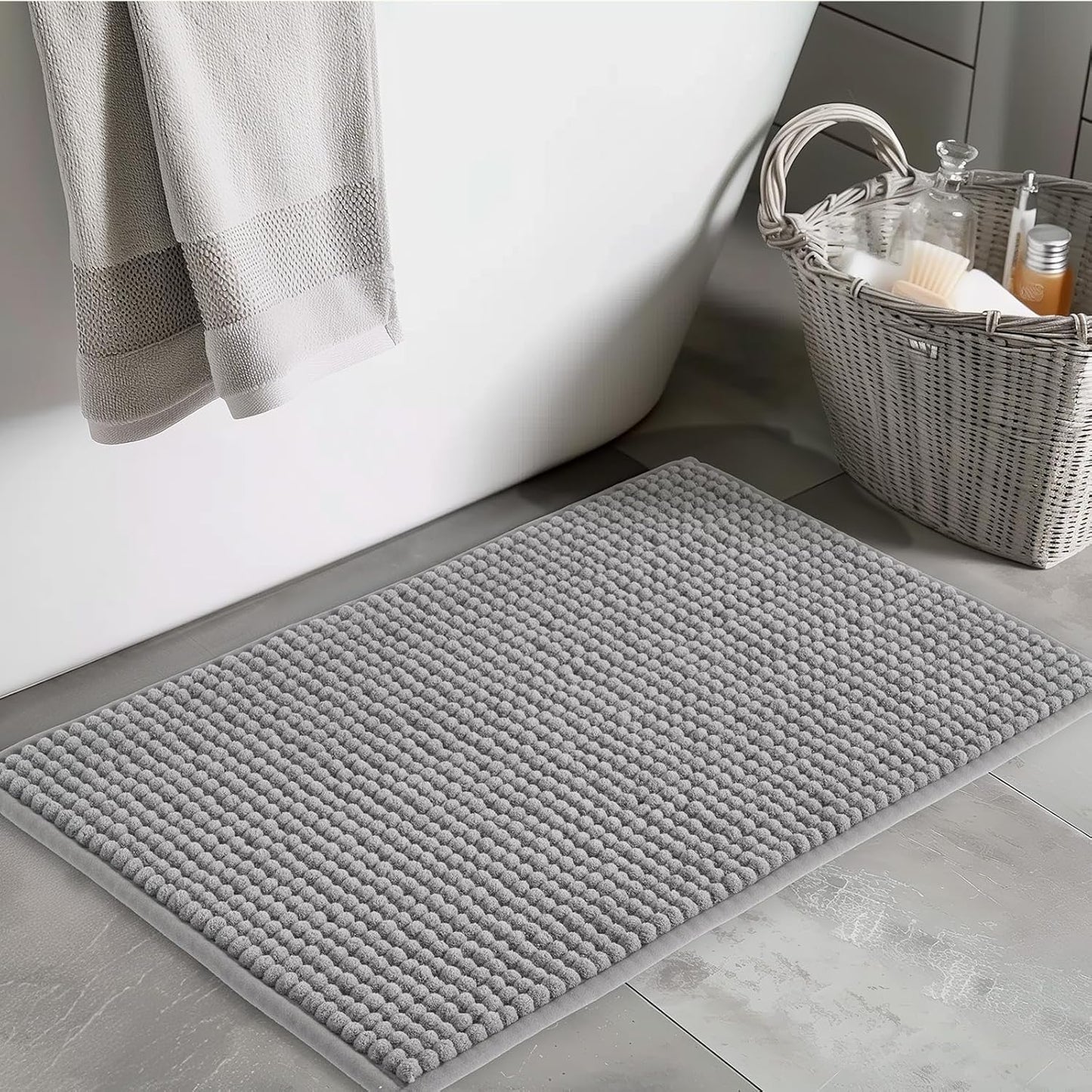 FRESHMINT Thick Chunky Chenille Bath Rugs 20"x32", Non Slip Bath Mat, Soft Bathroom Decor, Cute Shower Mat, Water Absorbent, Washable, Dove Gray