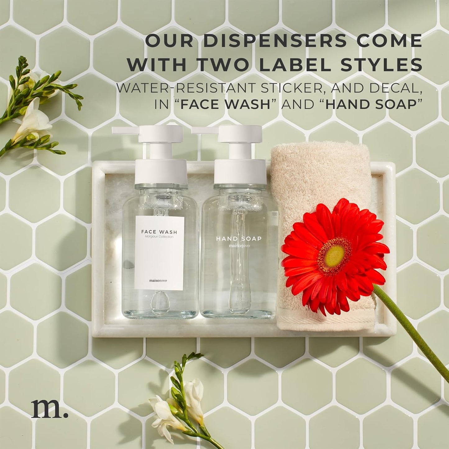 MaisoNovo Glass Foaming Hand Soap Dispenser 14 Oz | Clear Foaming Soap Dispenser Clear Bottle White Pump x 1 w/Labels