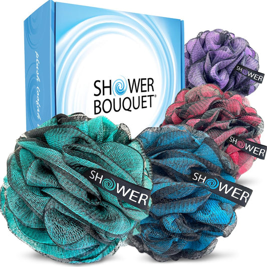 SHOWER BOUQUET Loofah-Charcoal Bath-Sponge XL-Color-4-Pack // Extra Large 75g Soft Mesh Black Luffa Loofa Loufa Puff Set/Exfoliating Body Scrubber for Women and Men - Exfoliate & Soothe Face & Body