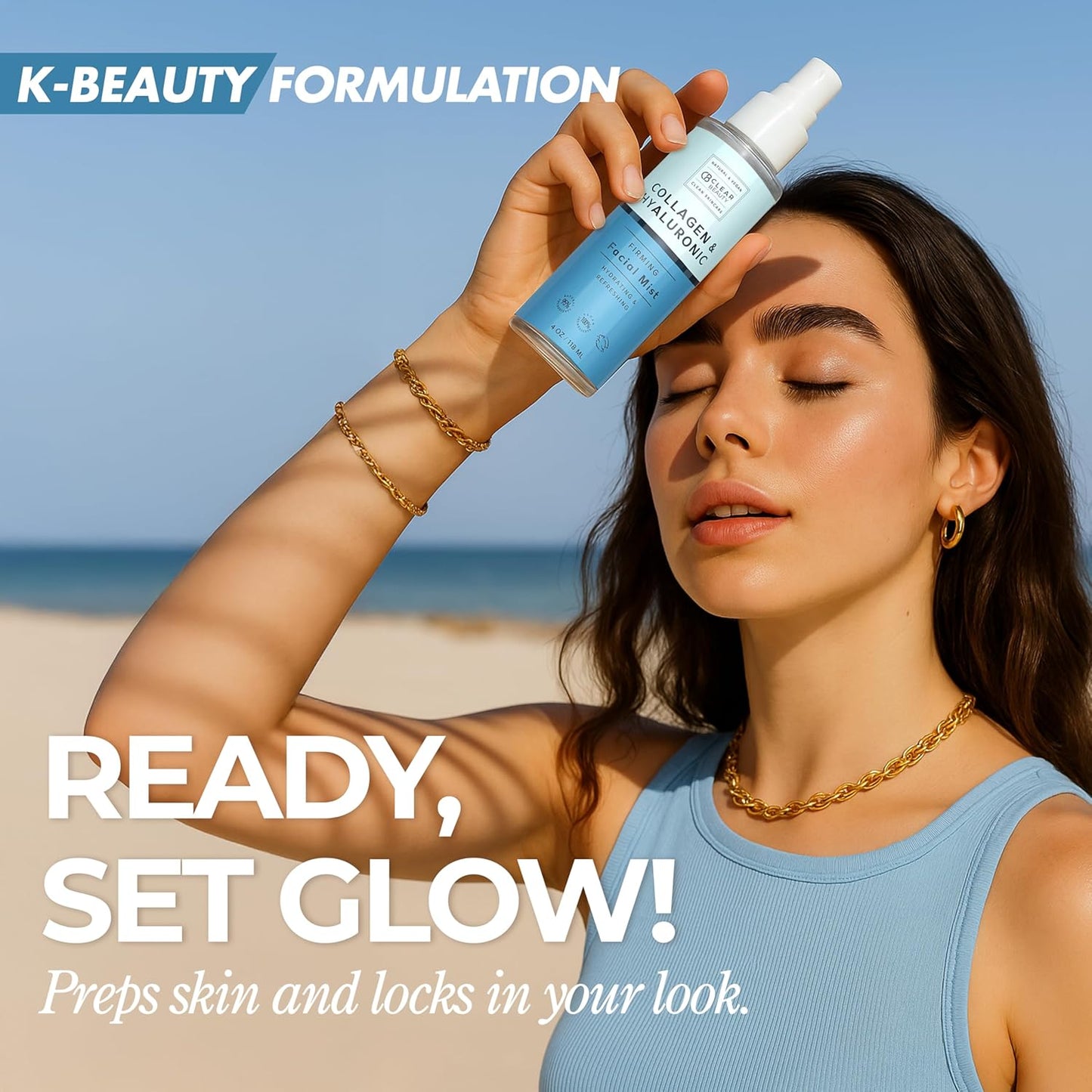 Clear Beauty Hyaluronic Acid & Collagen Face Mist - Dermatologist Tested, Moisturizes & Tones Skin, Anti-Aging, Natural Ingredients, Cruelty-Free, 95% Natural - All Skin Types - 4 OZ