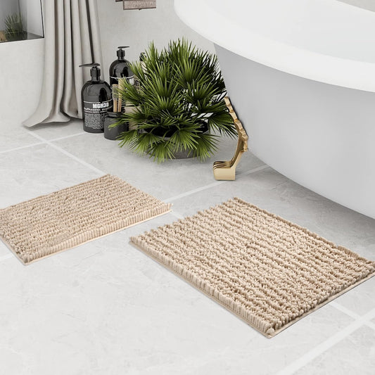 Walensee Bathroom Rug 2 Pieces Set Non Slip Bath Mat (17x24 Plus 20x32 Inch Beige) Water Absorbent Super Soft Shaggy Chenille Machine Washable Dry Extra Thick Perfect Carpet for Shower Floor